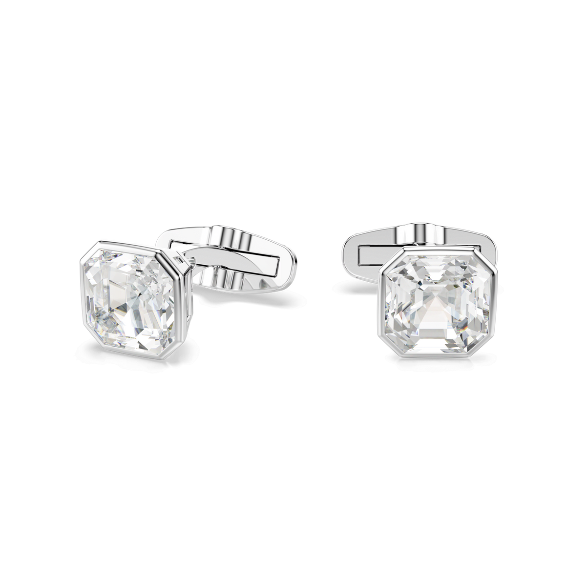 A pair of Swarovski Millenia cufflinks, featuring octagon-cut white crystals set in rhodium-plated metal, displayed on a plain white background.