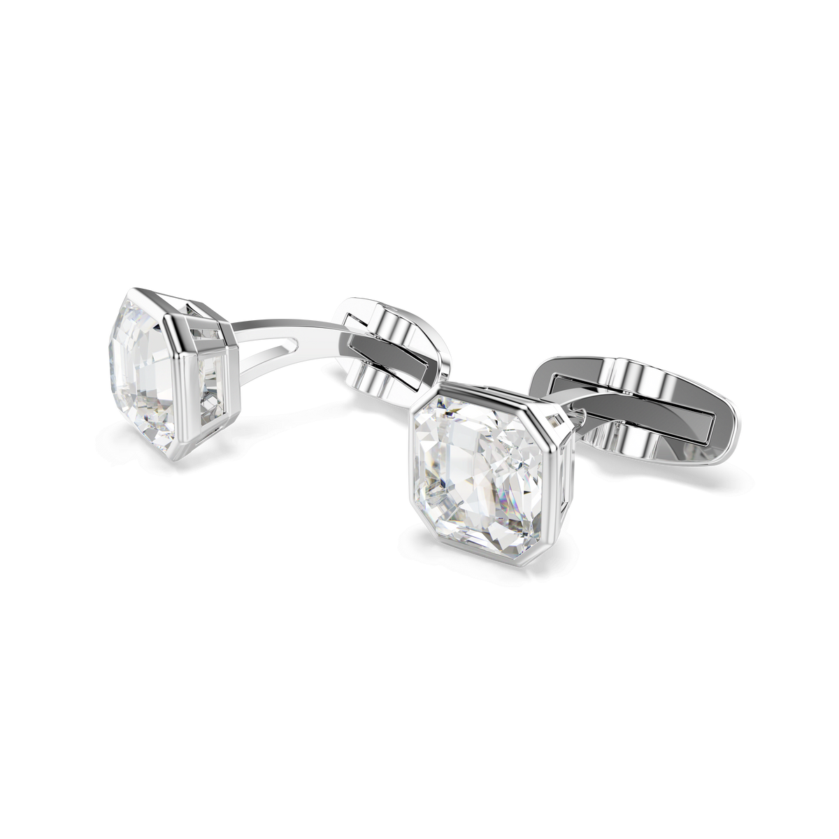 A pair of Swarovski Millenia cufflinks, featuring octagon-cut white crystals set in a sleek, modern rhodium-plated design, are displayed against a white background.