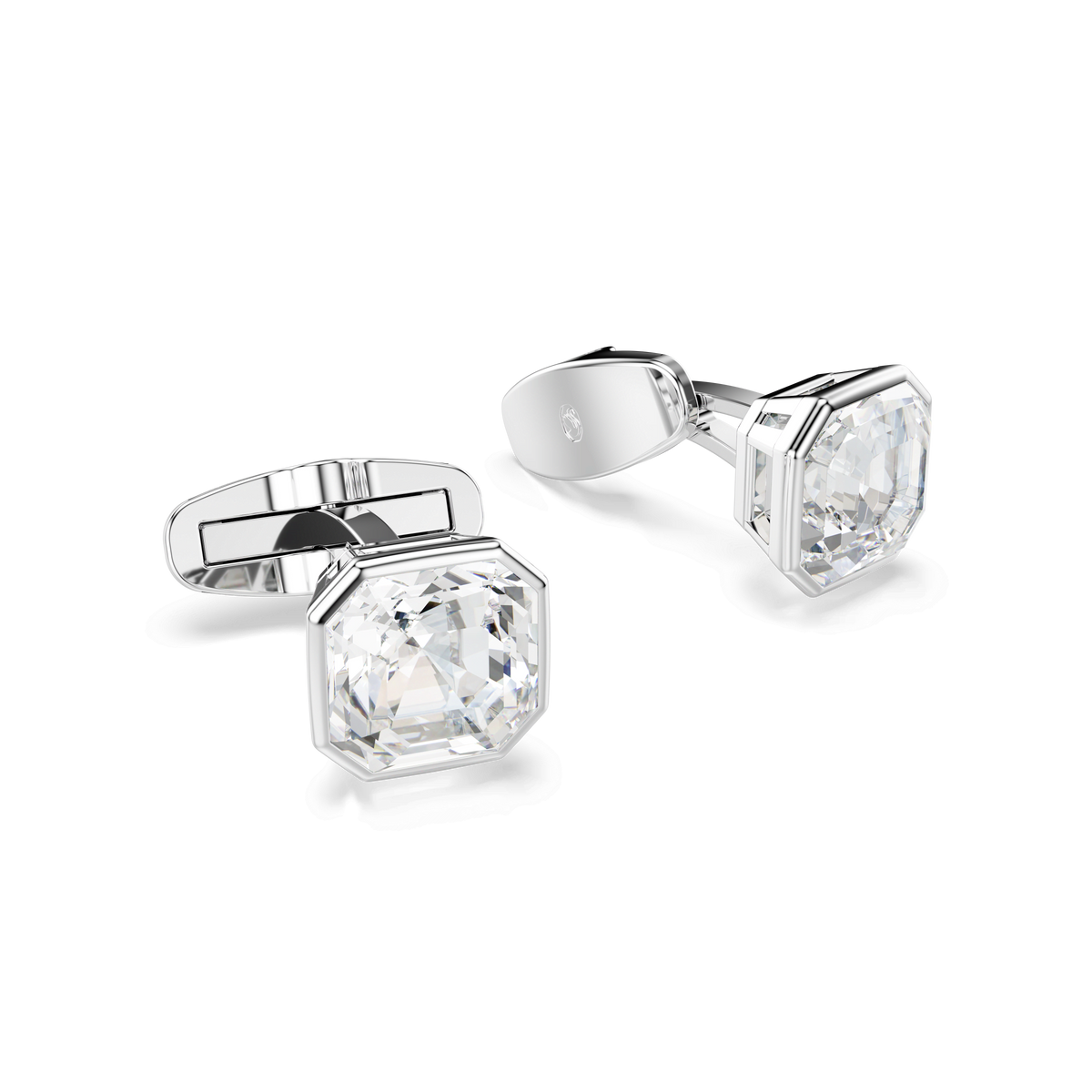 A pair of Swarovski Millenia cufflinks, featuring large octagon-cut white crystals and elegant rhodium plating, displayed on a white background.