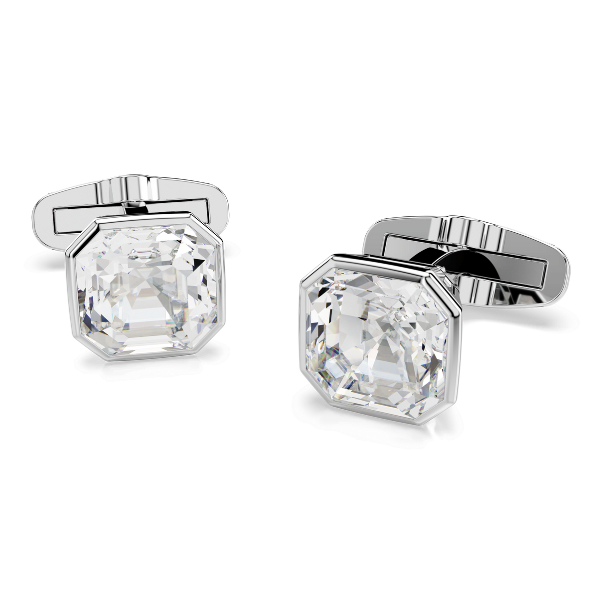 A pair of Swarovski Millenia cufflinks, featuring white octagon-cut crystals set in a polished rhodium-plated frame.