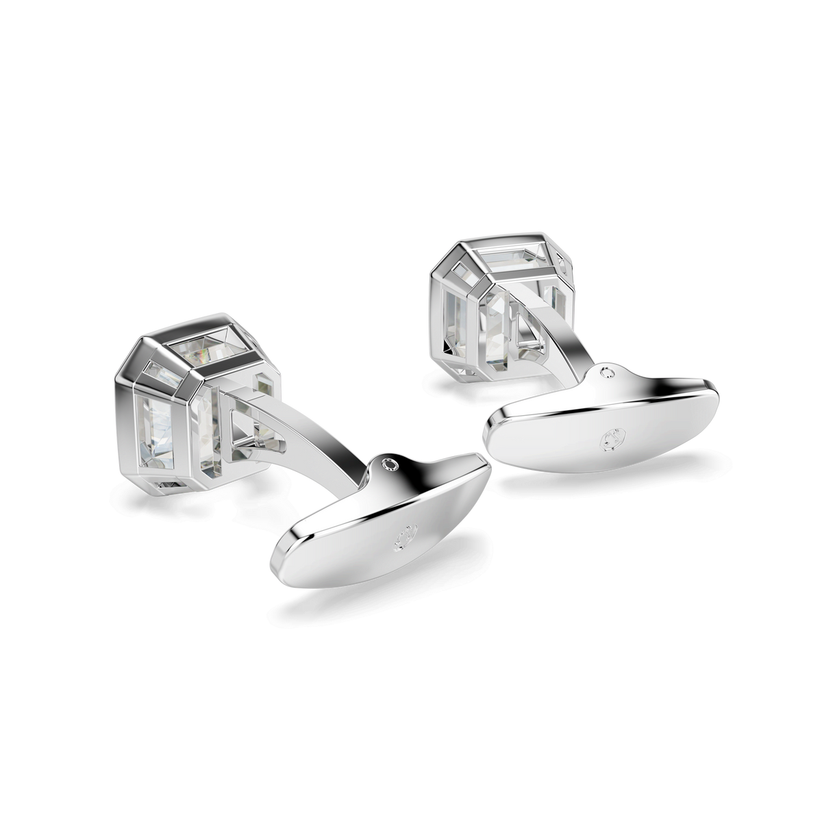 A pair of Swarovski Millenia cufflinks, featuring octagon-cut white crystals and smooth oval faces, rhodium plated for a sleek finish, beautifully displayed on a white background.