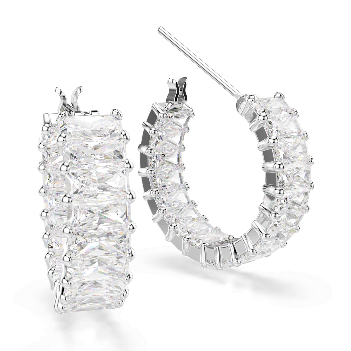 A pair of Swarovski Matrix hoop earrings featuring baguette-cut, clear crystals and a rhodium-plated finish, displayed against a plain white background.