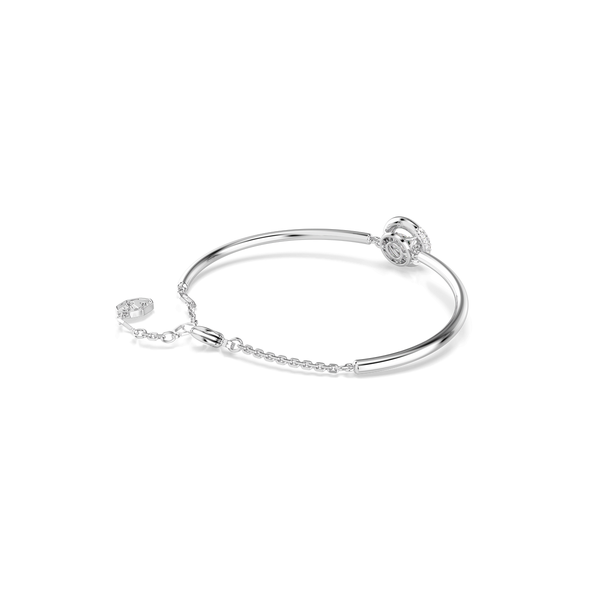 A stunning Swarovski Dextera bangle in a rhodium-plated finish, featuring brilliant round-cut white crystals and an elegant adjustable clasp, showcased against a plain white background.