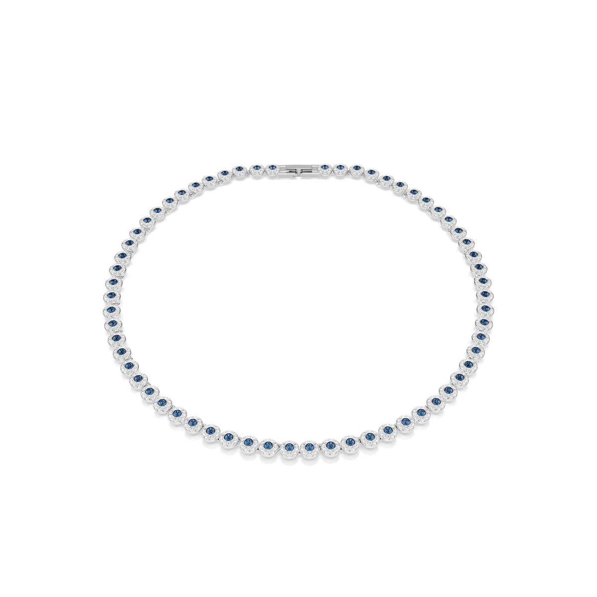 The Swarovski Una Angelic necklace features a symmetrical design of round-cut blue crystals, each set in rhodium-plated circular bezels, forming a complete closed loop with an adjustable extender for the perfect fit.
