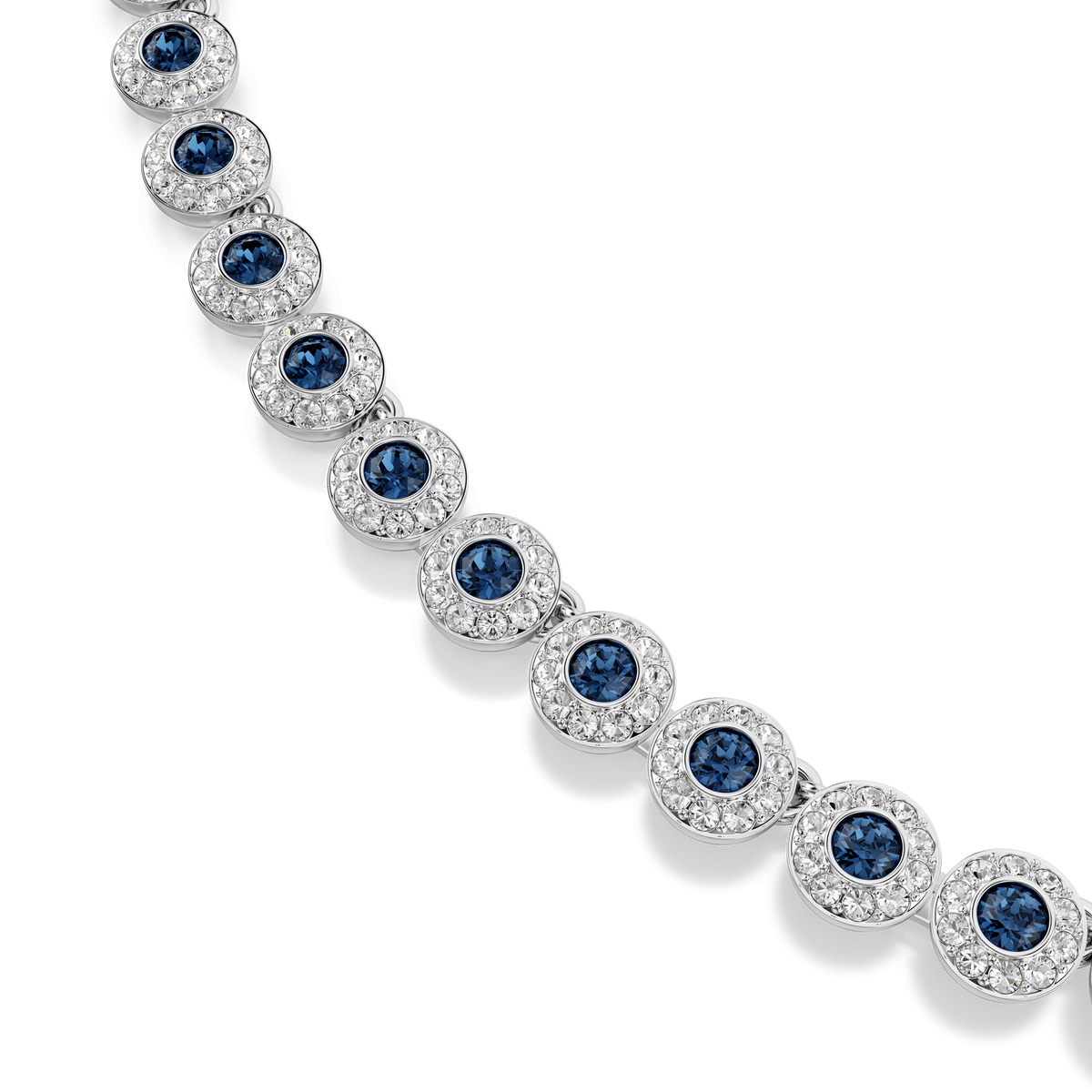 A partial view of the Swarovski Una Angelic necklace by Swarovski, featuring alternating round, blue, round-cut stones surrounded by small clear crystals and finished with rhodium plating, set against a white background.