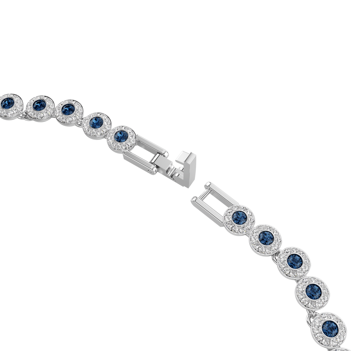 A Swarovski Una Angelic necklace featuring round blue crystals and clear stones, showcased open at the clasp against a white background. This elegant rhodium-plated piece offers an adjustable extender for a comfortable fit.