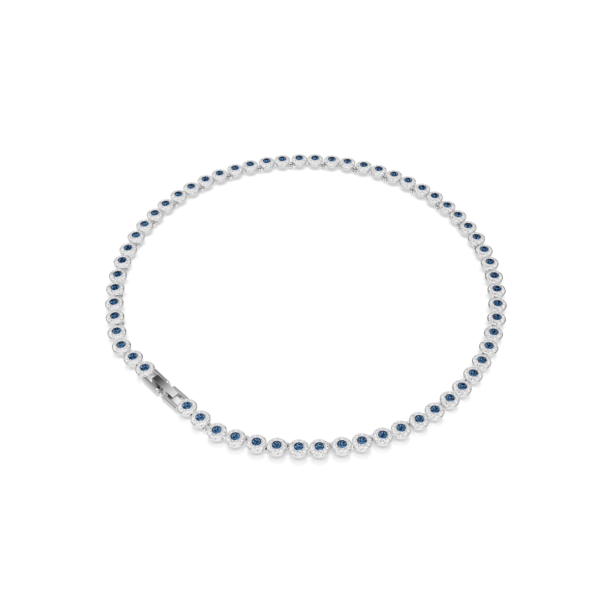 A Swarovski Una Angelic necklace showcasing round-cut blue crystals and white gemstones, elegantly set in rhodium-plated silver and arranged in a continuous pattern, displayed on a white background.