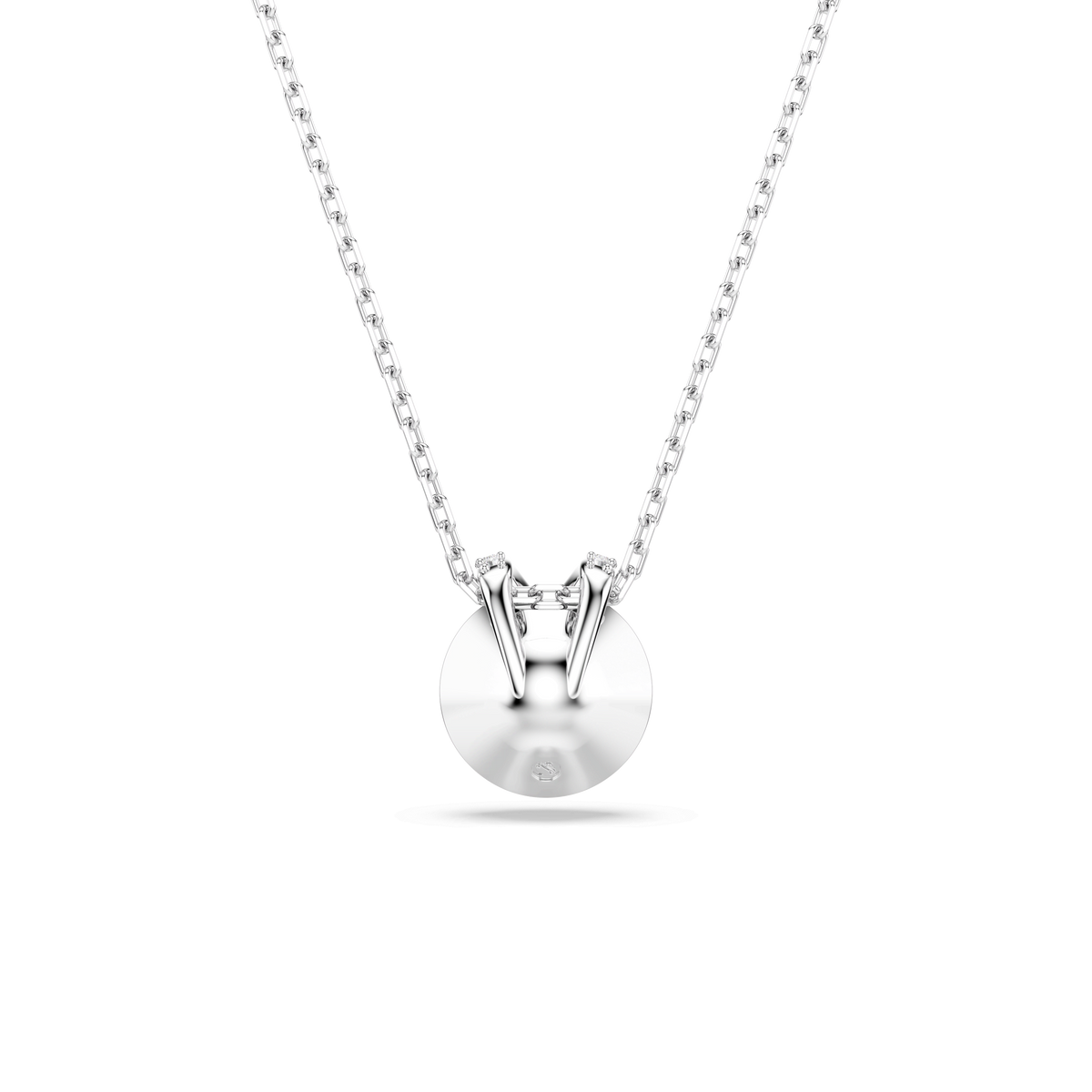 Showcasing the Swarovski Bella V Pendant, this elegant necklace features a round-cut, polished pink rhodium-plated pendant suspended from a delicate silver chain, displayed against a plain white background.