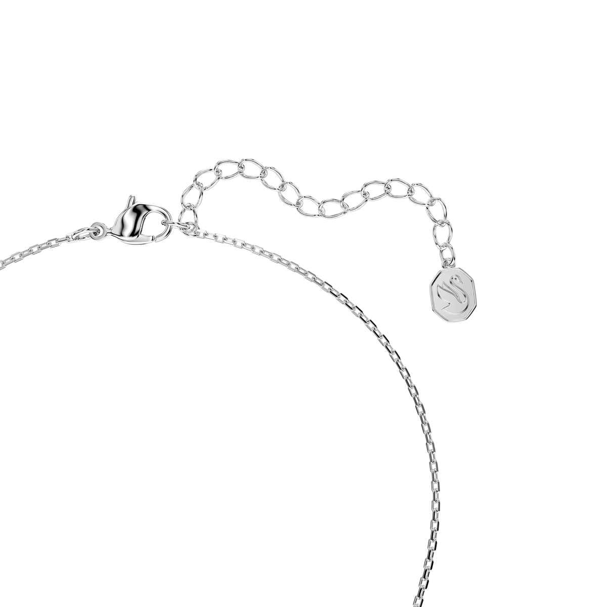 A close-up of the Swarovski Bella V pendant, featuring a round blue cut set in rhodium plating, displayed against a white background—a timeless piece that beautifully complements other rhodium plated jewelry.