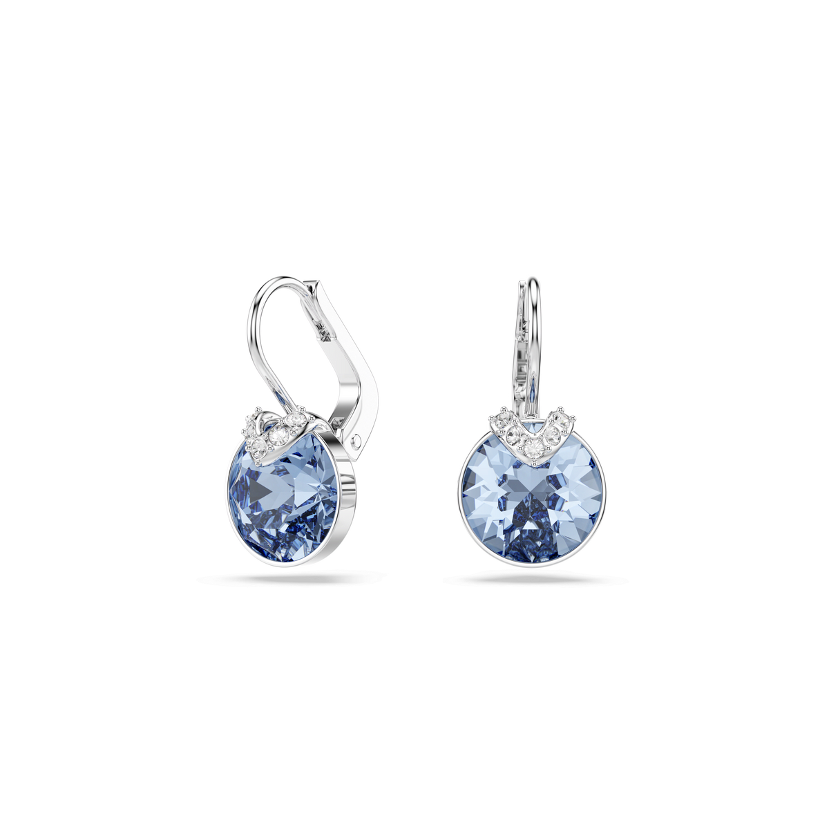 A pair of Swarovski Bella V drop earrings by Swarovski, featuring round-cut blue crystals and small white accents in a rhodium-plated setting, displayed against a plain white background.