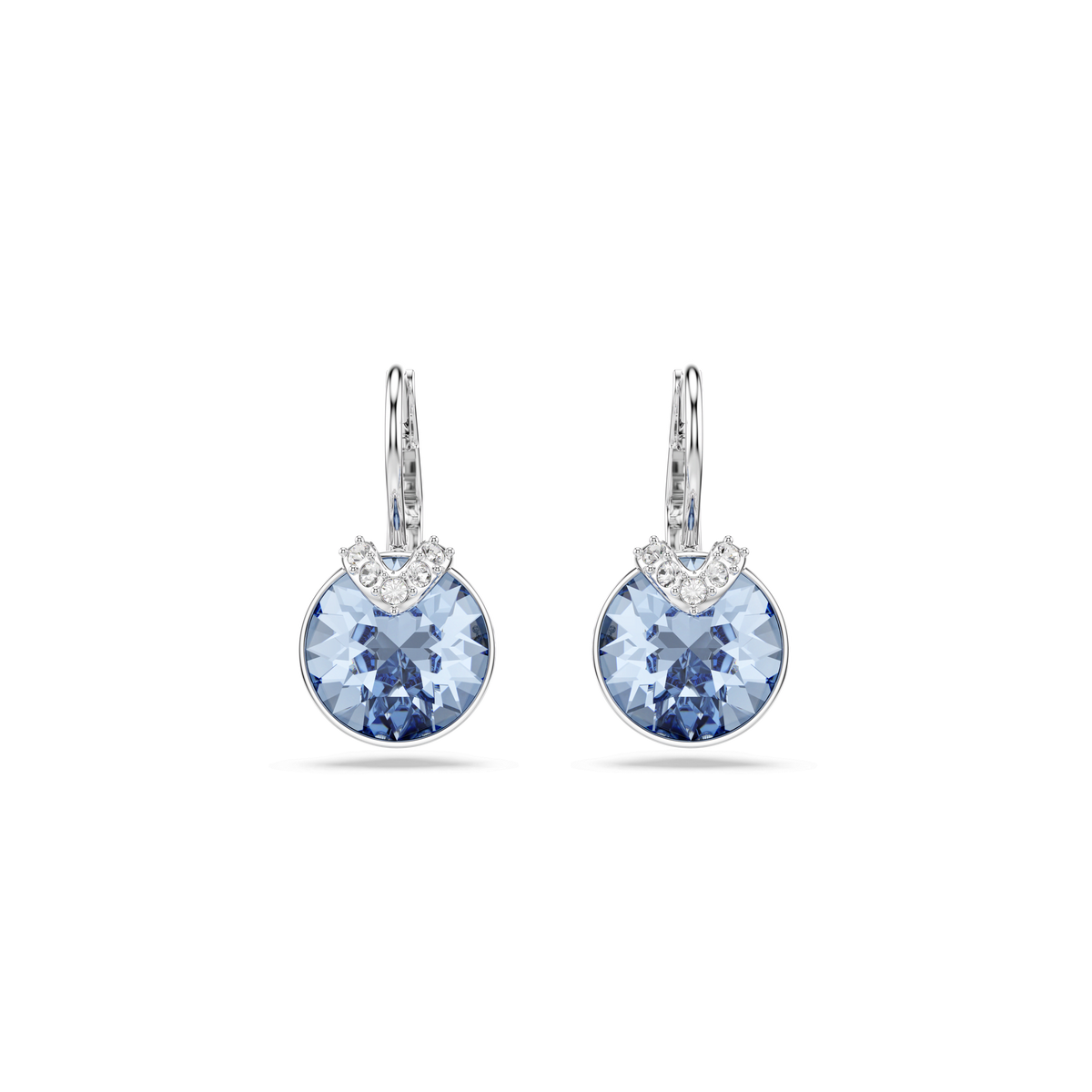 A pair of Swarovski Bella V drop earrings in rhodium-plated finish, featuring round-cut blue crystals with small white accents above, displayed on a plain white background.