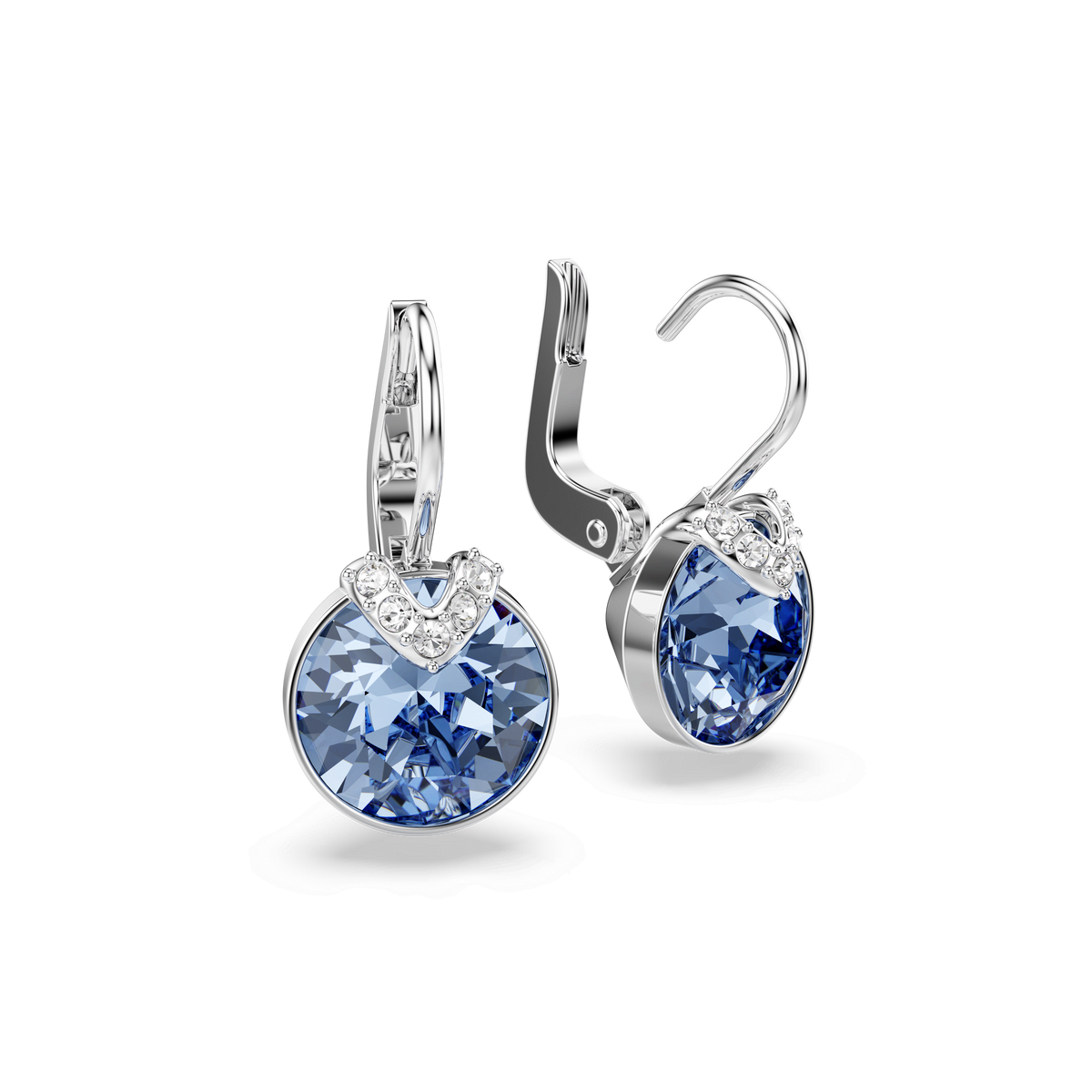 The Swarovski Bella V drop earrings by Swarovski feature a round cut blue crystal with small clear crystals set above each stone, finished in rhodium plating and displayed against a white background.