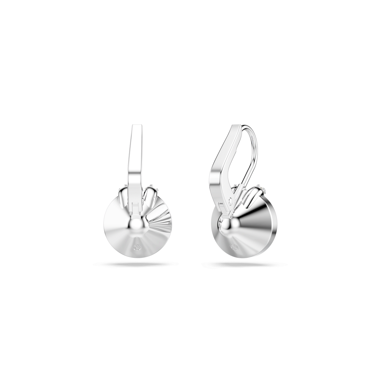 A pair of Swarovski Bella V drop earrings, featuring round blue stones and rhodium-plated settings, are displayed against a plain white background.