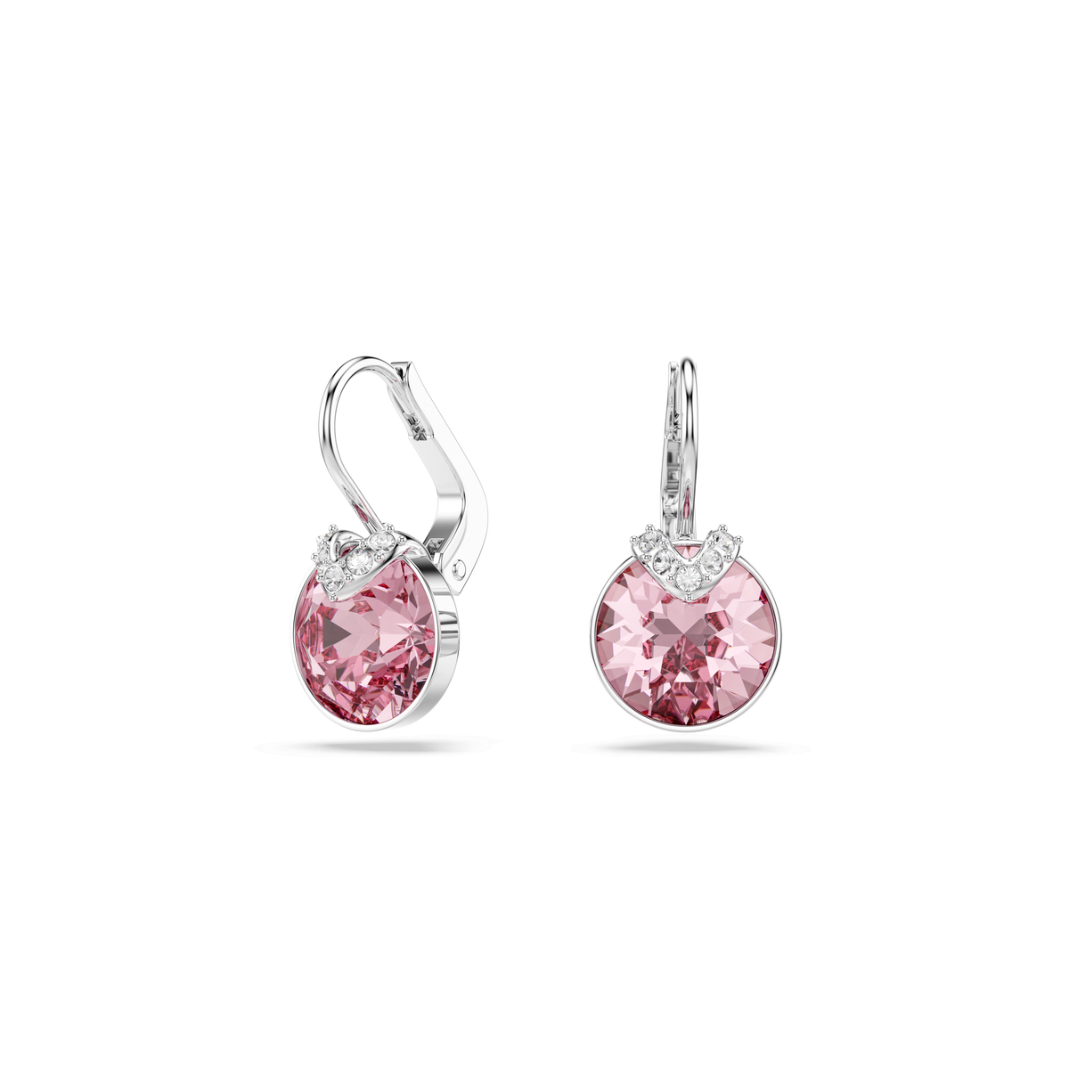 A pair of Swarovski MP Bella Drop Earrings LROS/RHS by Swarovski, featuring large, round pink gemstones accented with small clear crystals set above each stone, displayed on a plain white background—ideal for those seeking the timeless elegance of genuine Swarovski earrings.