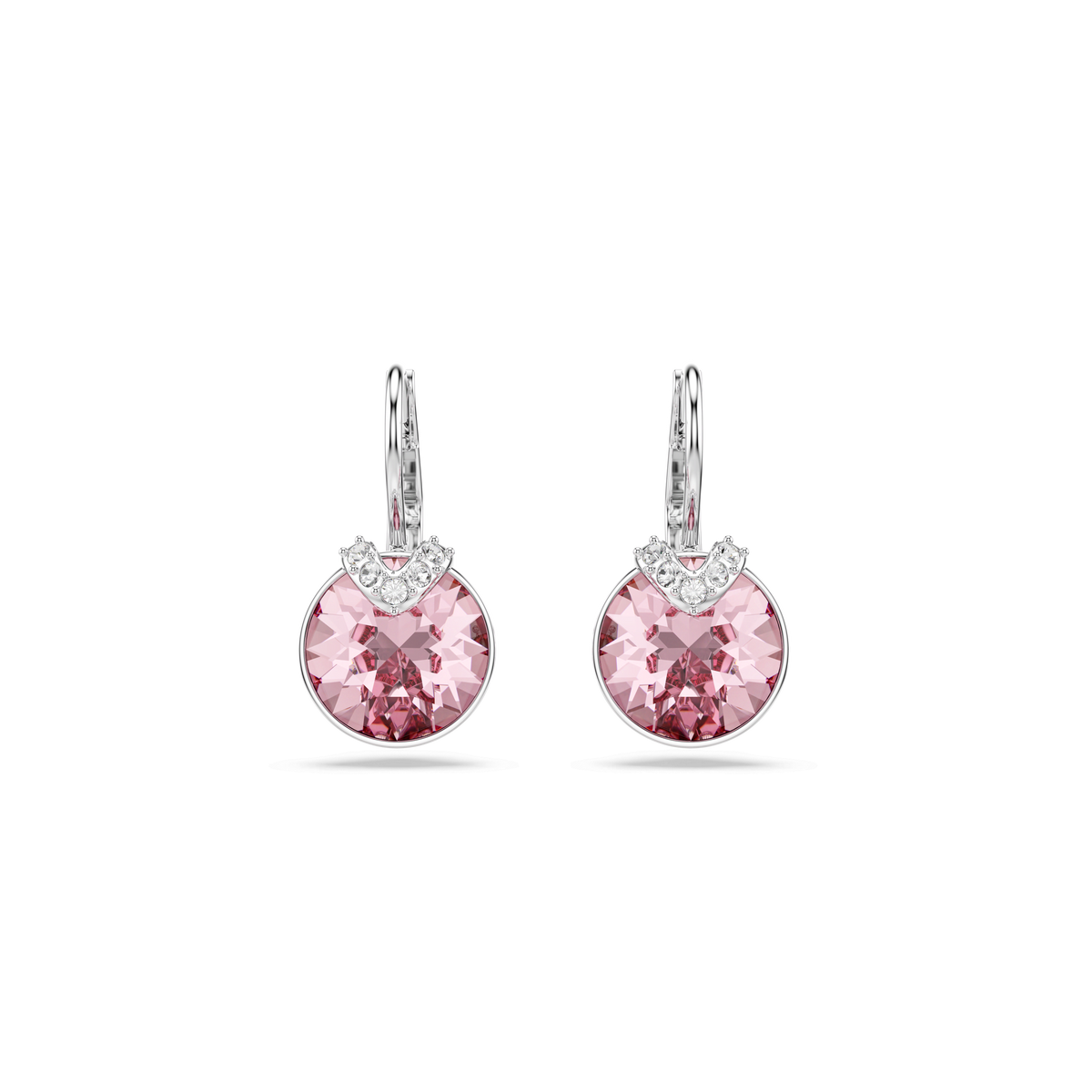 A pair of Swarovski MP Bella Drop Earrings LROS/RHS by Swarovski, each showcasing a large round pink gemstone topped with sparkling clear accents, is displayed on a plain white background—an elegant representation of Swarovski’s signature style, designed to add a touch of sophistication.