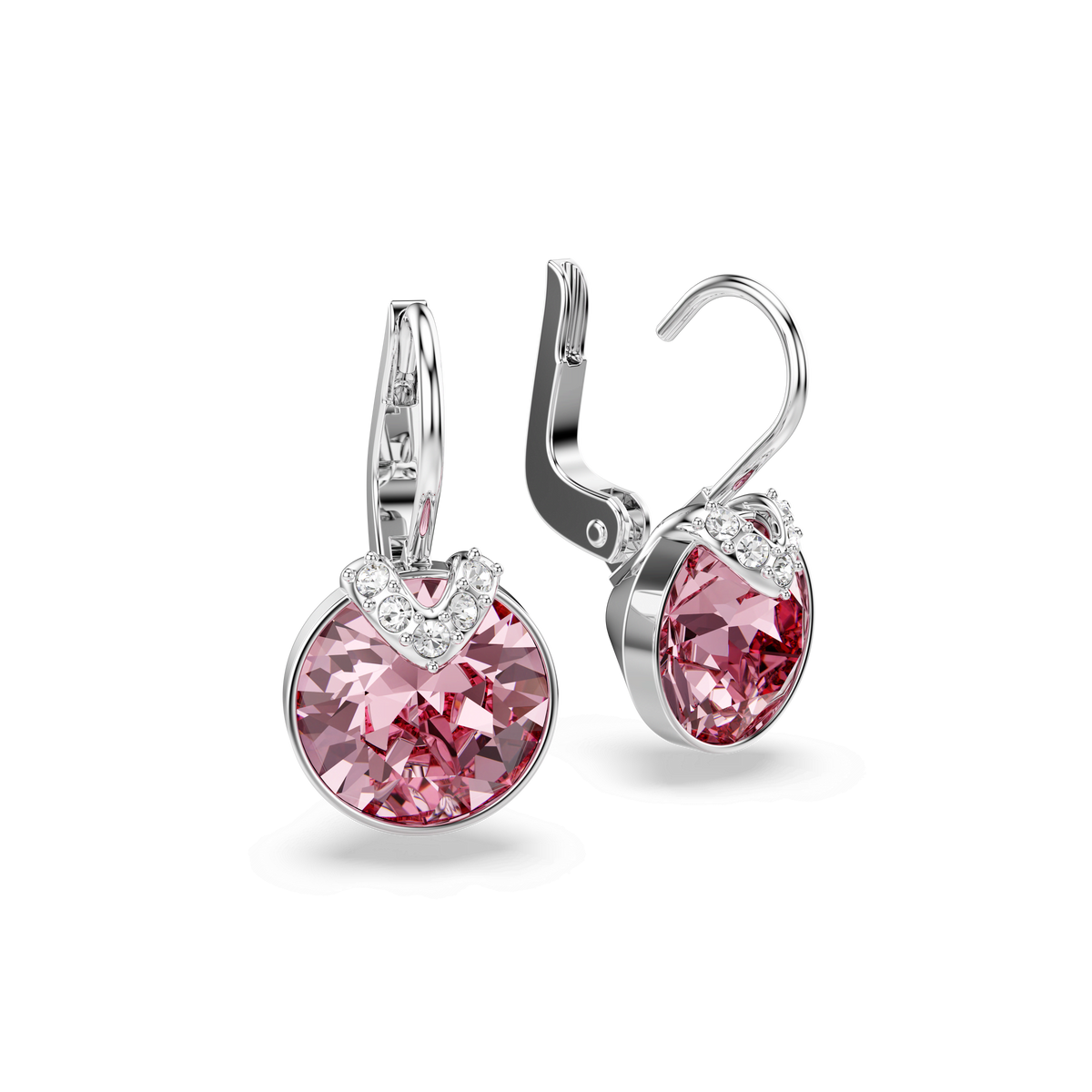 A pair of Swarovski MP Bella Drop Earrings LROS/RHS, showcasing round faceted pink gemstones accented by small clear crystals arranged in a V-shape above each stone, displayed on a white background—a stunning addition to any Swarovski earrings collection from Swarovski Canada.