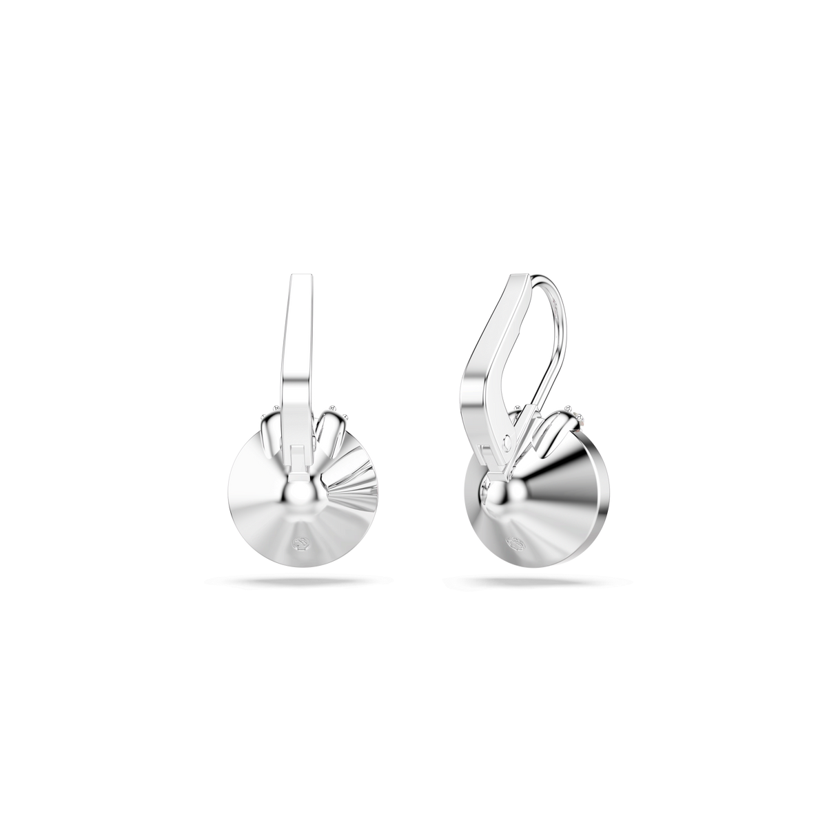 A pair of Swarovski MP Bella Drop Earrings LROS/RHS, featuring round, shiny concave discs and classic leverback closures, is displayed on a plain white background, showcasing the timeless elegance of Swarovski.