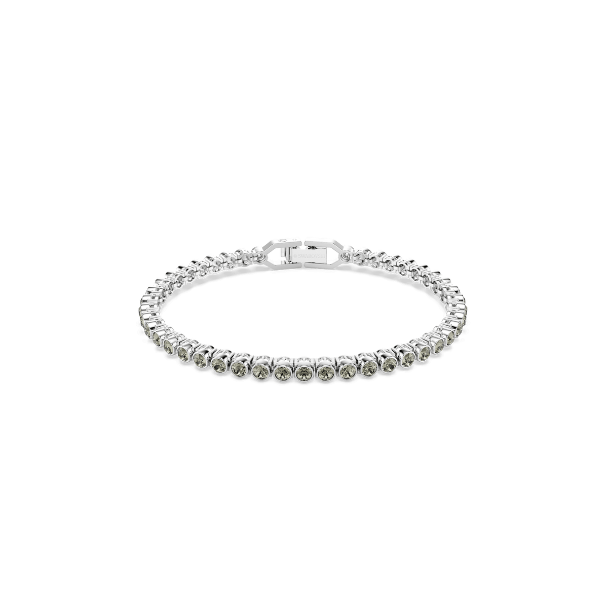 The Swarovski Imber Emily Tennis bracelet features a row of round, sparkling black stones set in rhodium plating, displayed against a plain white background.