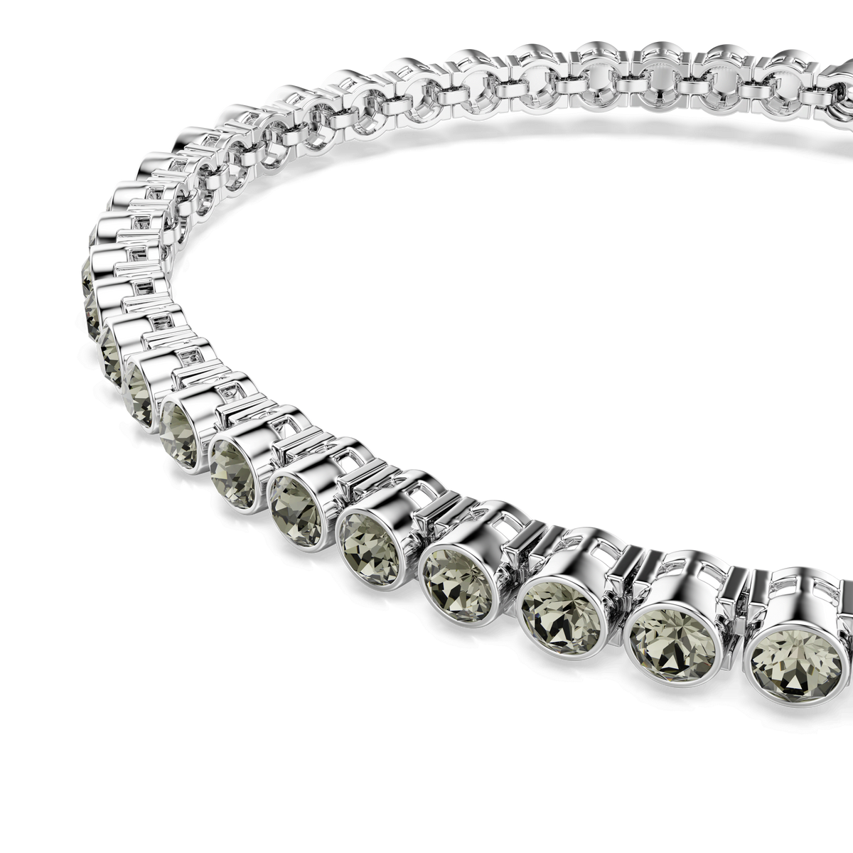 A close-up of the Swarovski Imber Emily Tennis bracelet, showcasing round, black gemstones set in individual bezels along a continuous rhodium plated chain, elegantly displayed on a white background.