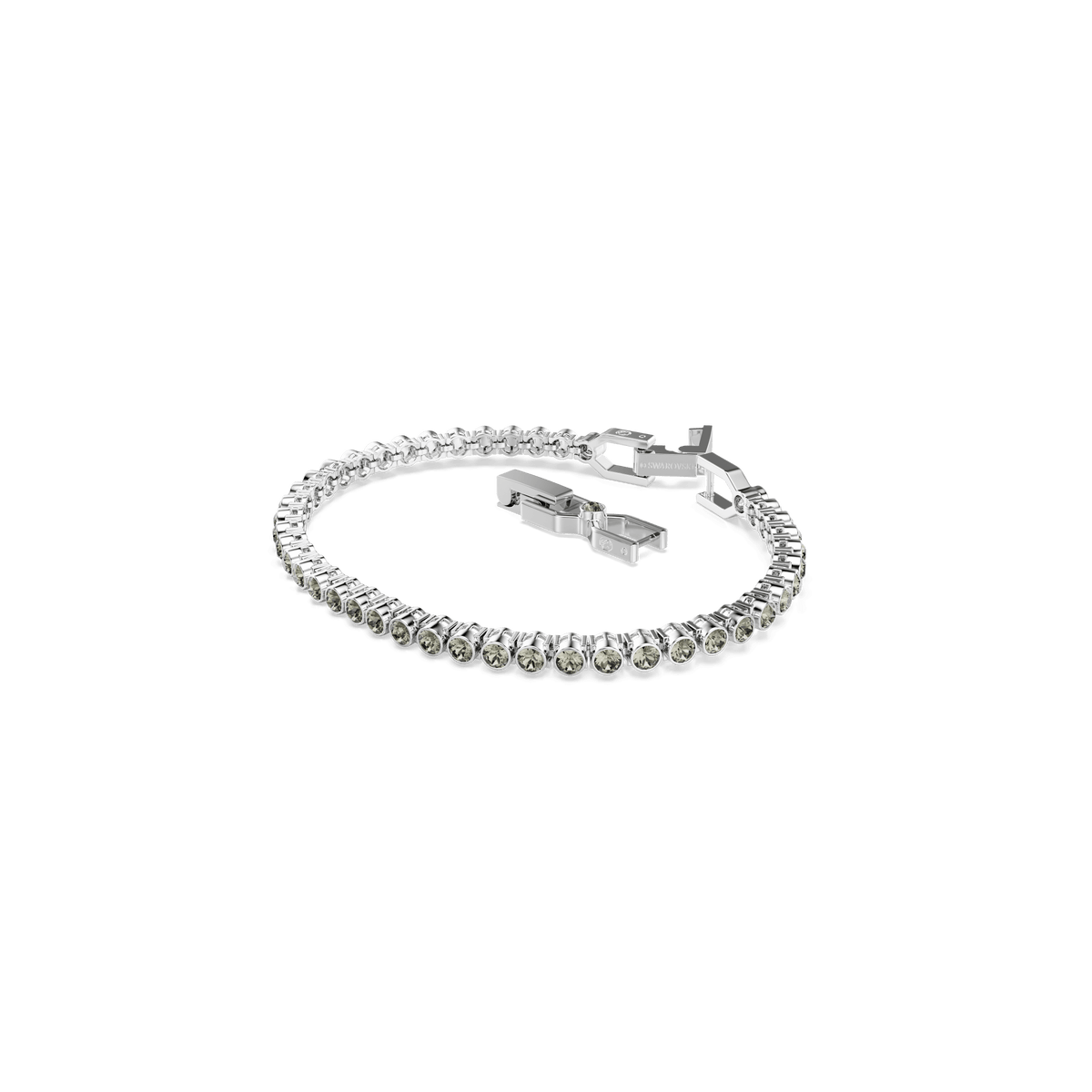 A sophisticated Swarovski Imber Emily Tennis Bracelet, featuring round-cut black stones set in rhodium plating with a secure box clasp, is elegantly displayed on a plain white background.