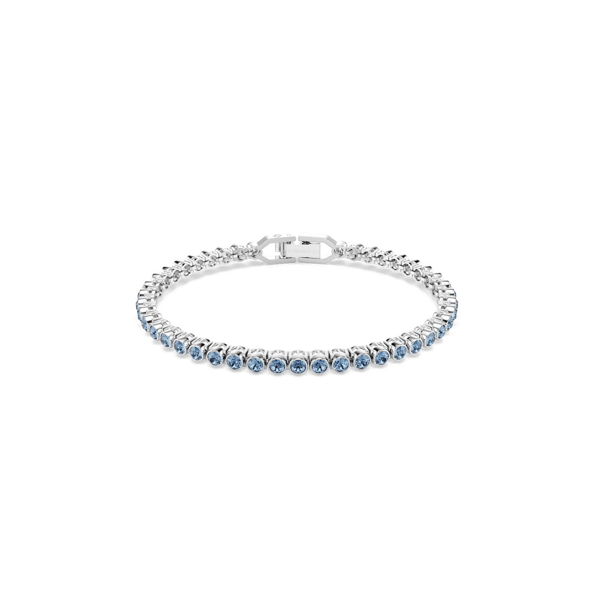 A Swarovski Imber Emily Tennis bracelet featuring round blue crystals in a single row, elegantly rhodium plated and showcased against a plain white background.