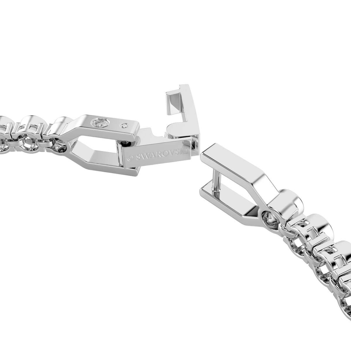 Close-up of the Swarovski Imber Emily Tennis bracelet clasp, crafted in rhodium-plated silver with geometric links and round blue stones. One side is engraved with “SWAROVSKI.” The partially open clasp is shown against a plain white background, highlighting the bracelet’s elegant design.
