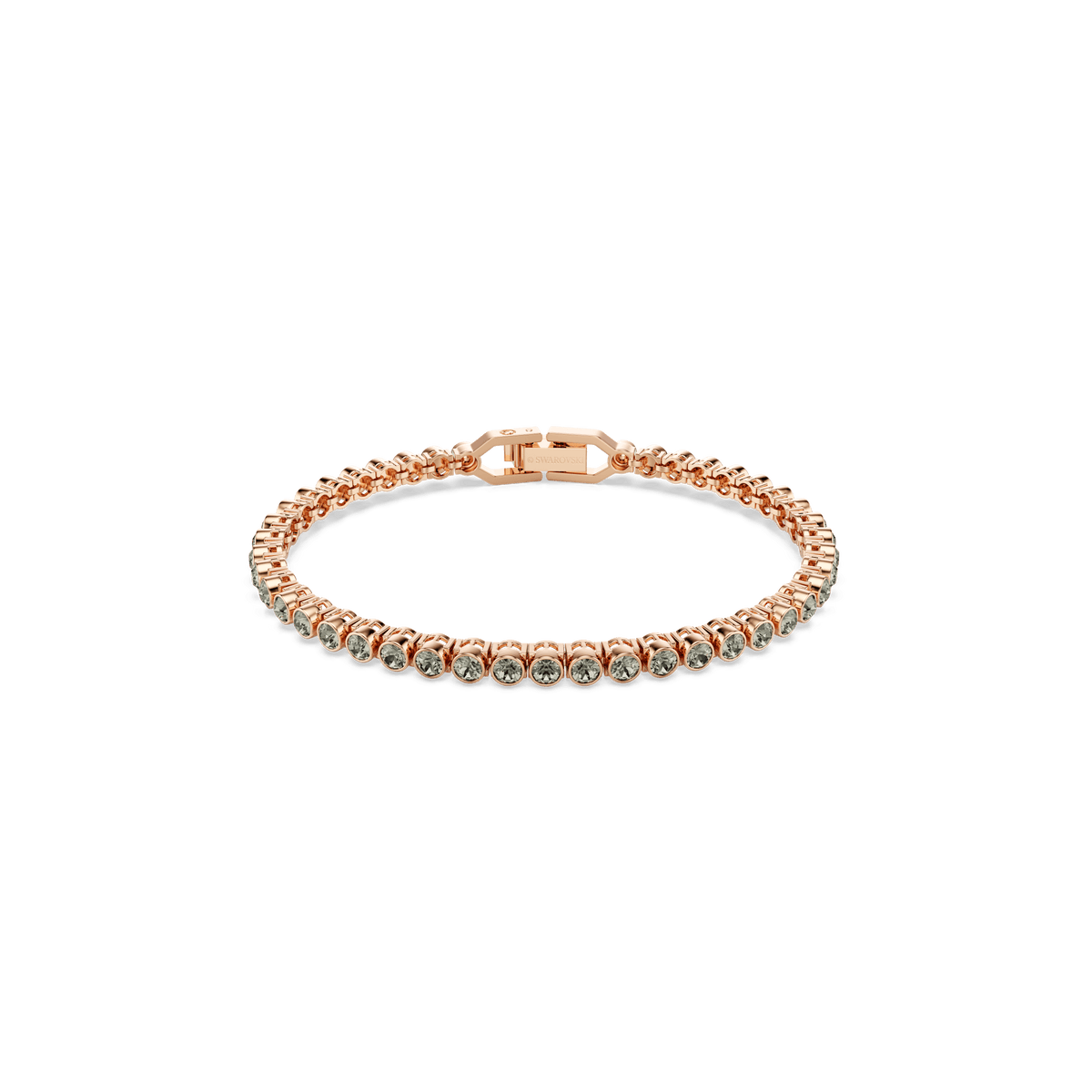 A stunning Swarovski Imber Emily Tennis Bracelet, this rose gold-tone plated piece features a row of round-cut black stones and a secure box clasp, elegantly displayed on a white background.