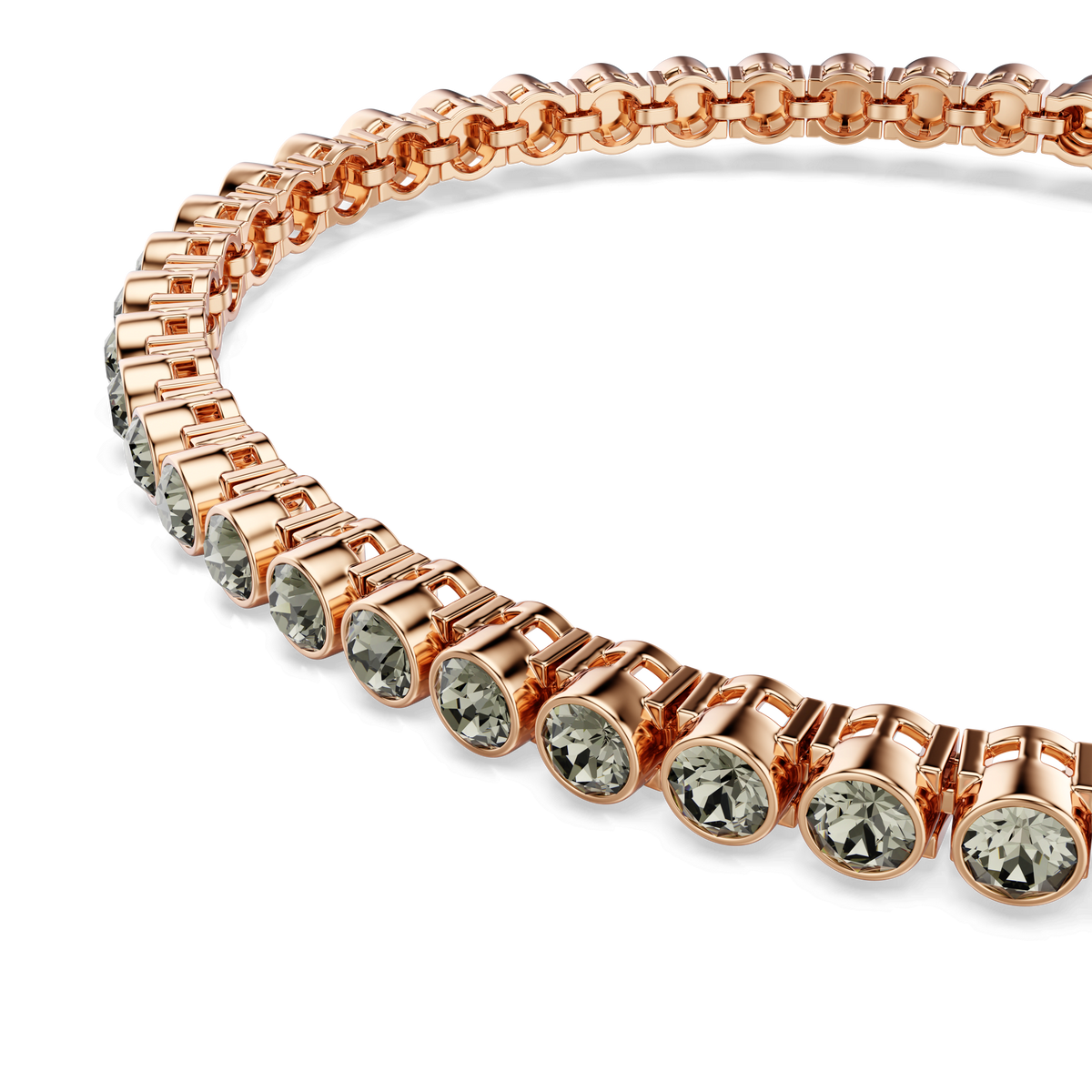 A close-up of the Swarovski Imber Emily Tennis bracelet showcases round, black gemstones set in individual bezels, arranged in a continuous linked pattern and finished with rose gold-tone plating, against a white background.