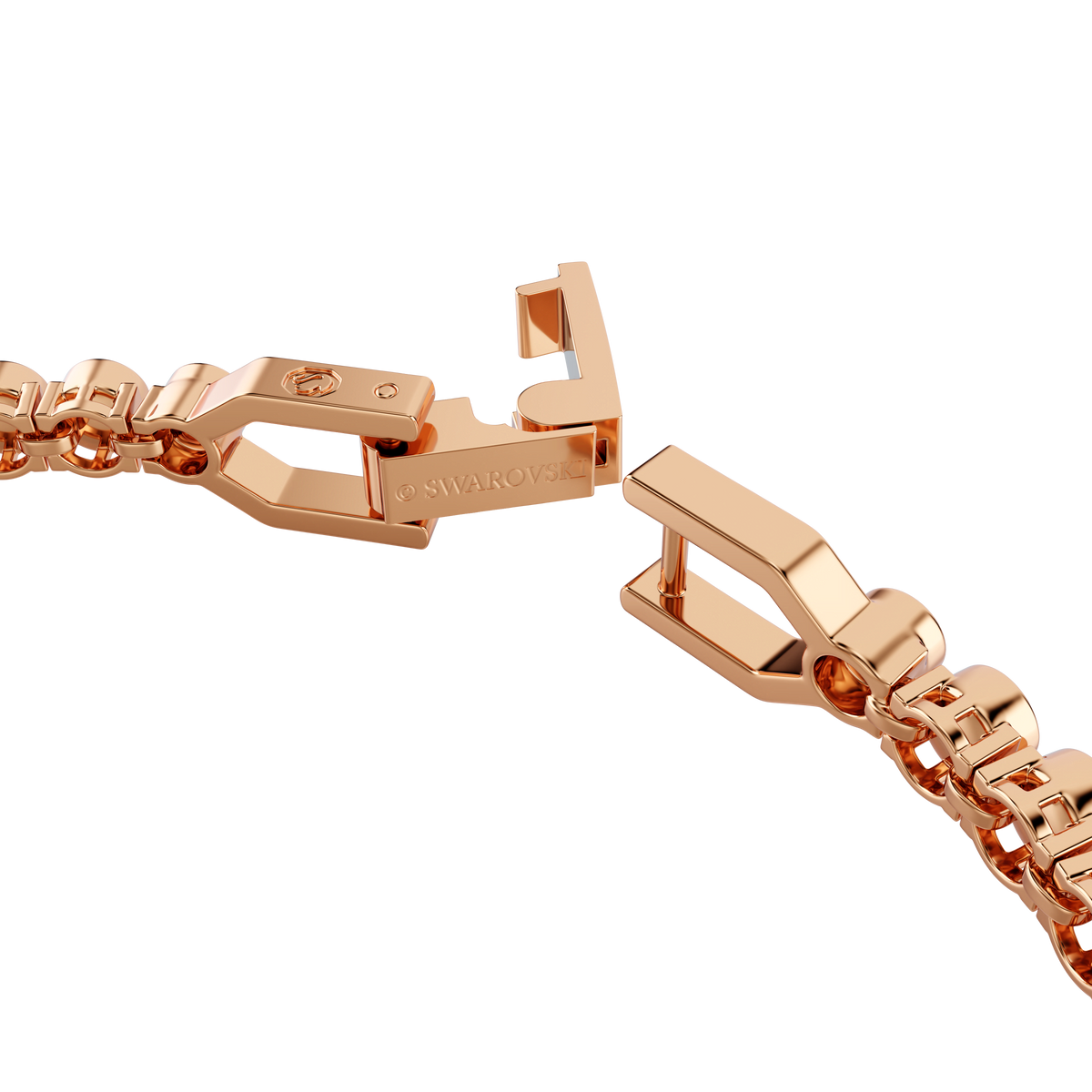 Close-up of the unfastened clasp of the Swarovski Imber Emily Tennis Bracelet, round cut in black with rose gold-tone plating, featuring the “Swarovski” brand name engraved on one side, set against a white background.