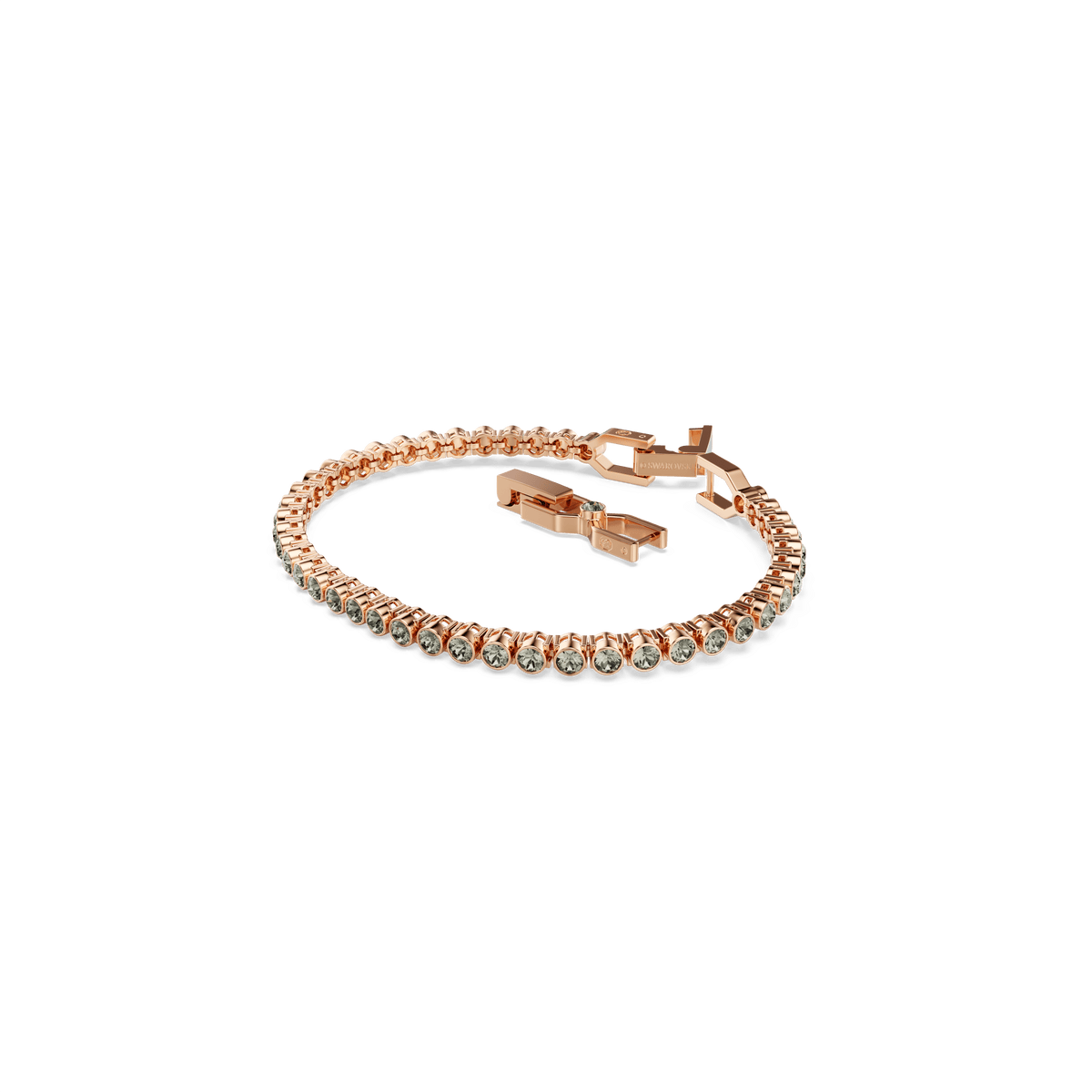 A rose gold-tone plated Swarovski Imber Emily Tennis Bracelet, featuring round black gemstones and a matching geometric clasp, displayed on a white background.