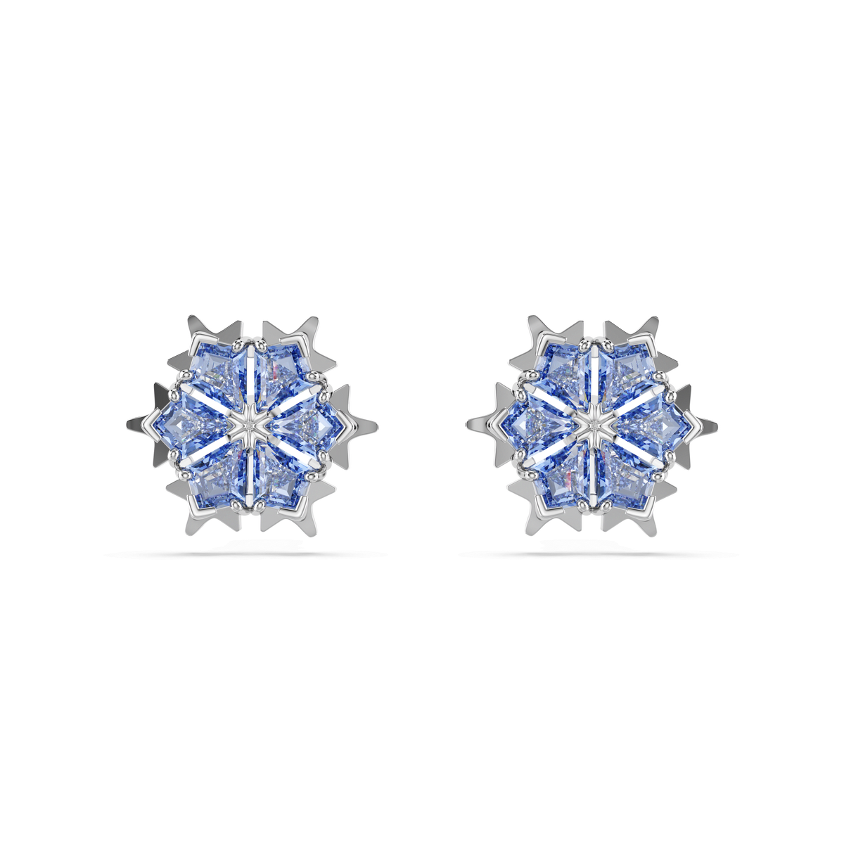 The Swarovski Magic stud earrings feature a geometric snowflake motif adorned with symmetrically arranged blue crystals at the center. Crafted by Swarovski and rhodium plated, these striking earrings stand out beautifully against a clean, white background.