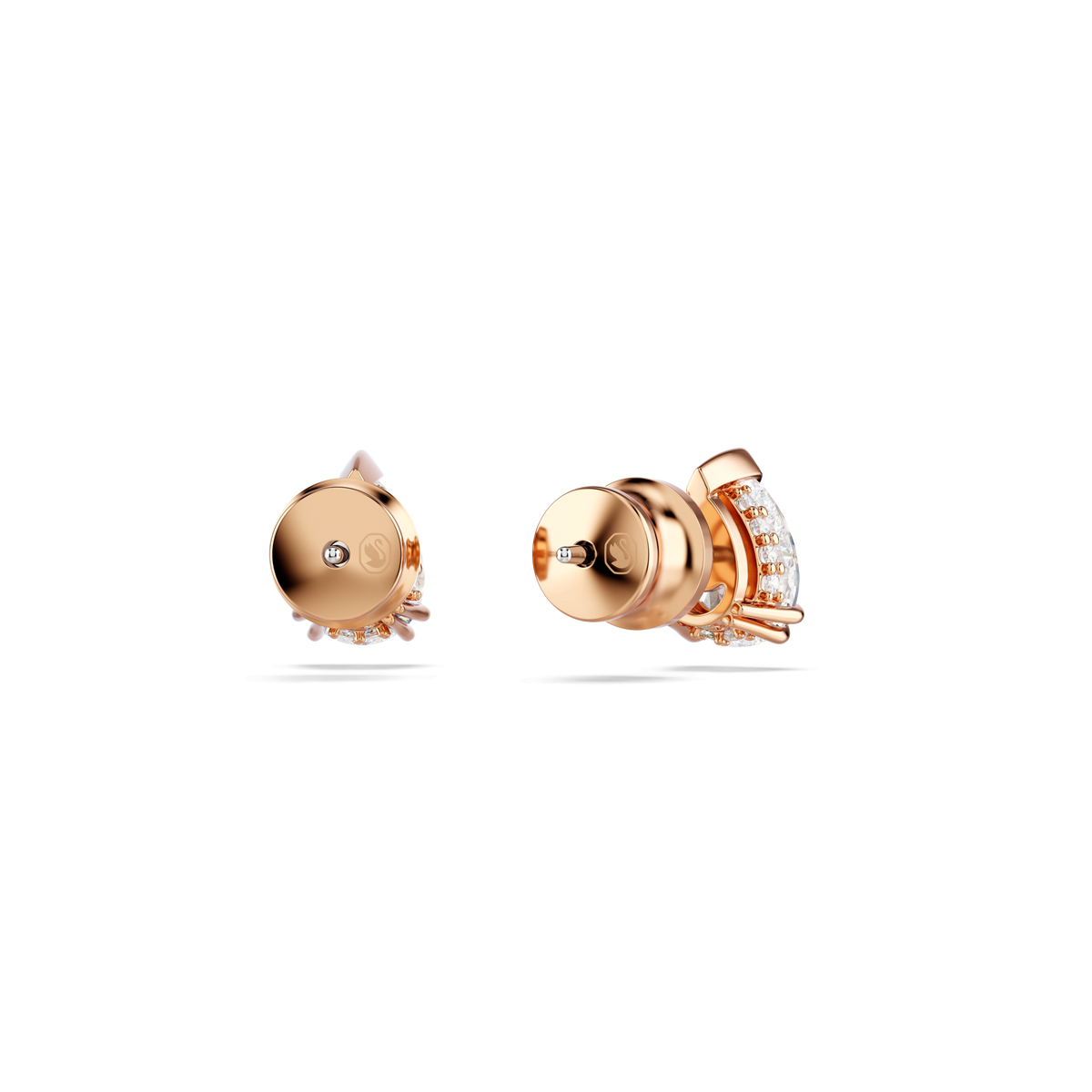 A pair of Swarovski Stilla stud earrings in a rose gold-tone plated finish with pear-cut white crystals is shown from the back and side, highlighting their round stud backs and elegantly curved, jewel-encrusted design reminiscent of classic Swarovski style on a plain white background.