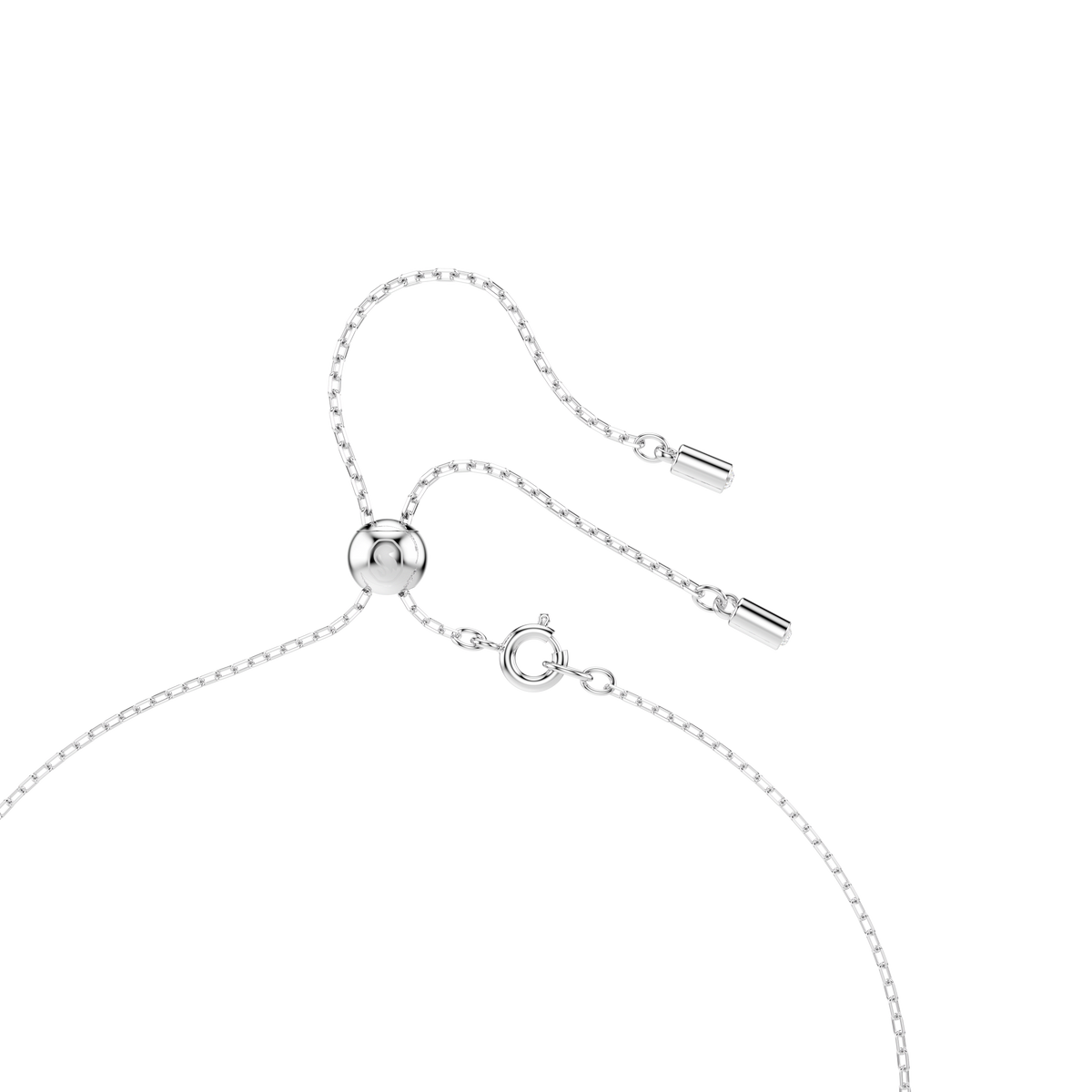 A close-up of the Swarovski Stilla Attract Y necklace, featuring round-cut blue stones, rhodium plating, and an adjustable sliding bead with a spring ring clasp, is displayed against a plain white background. This elegant piece showcases the refined craftsmanship characteristic of Swarovski’s necklaces popular in Canada.