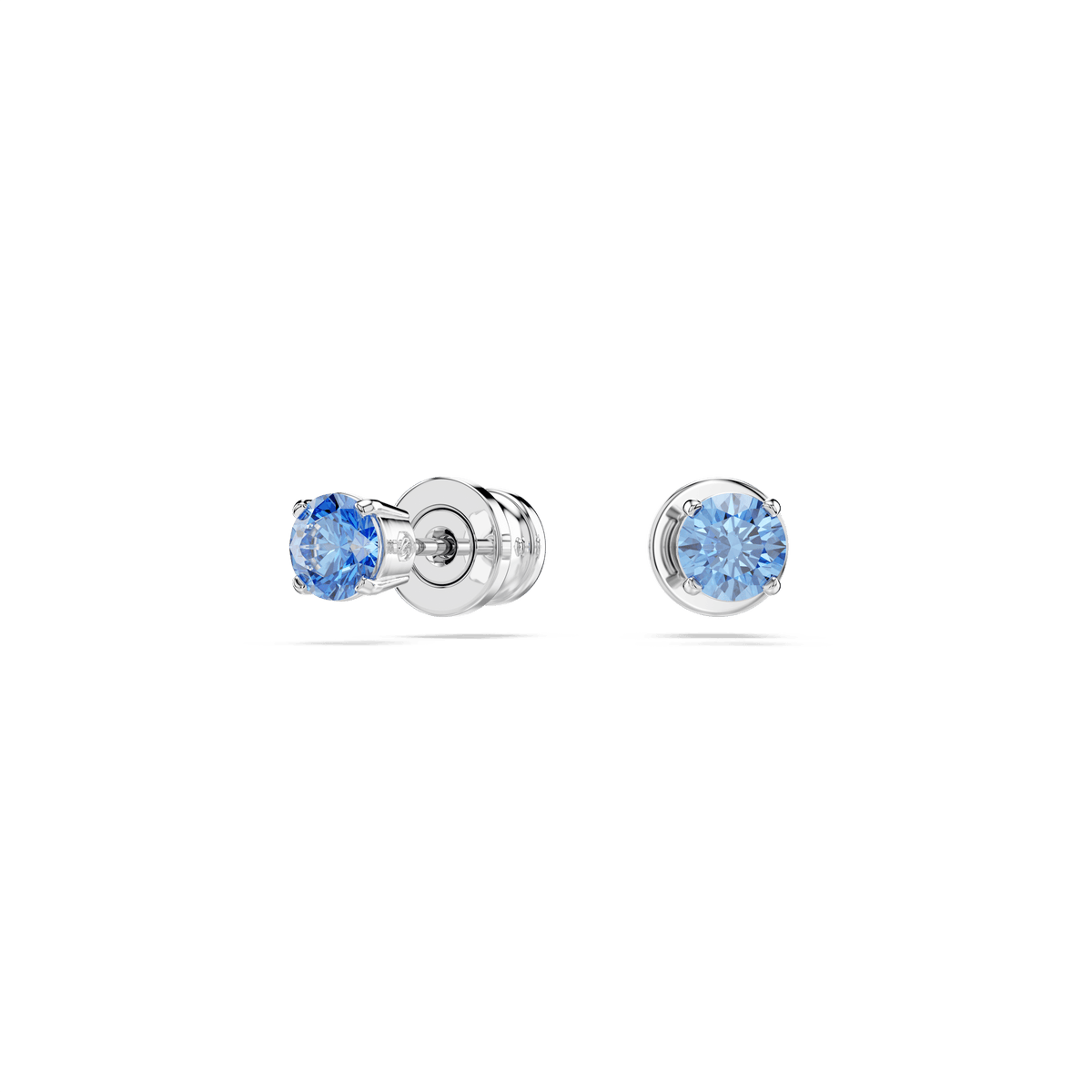A pair of Swarovski MP Stilla Earrings: PE STUD FANBL/RHS, showcasing round blue gemstones set in silver-tone metal, displayed on a plain white background—an elegant addition to any Swarovski jewelry collection.
