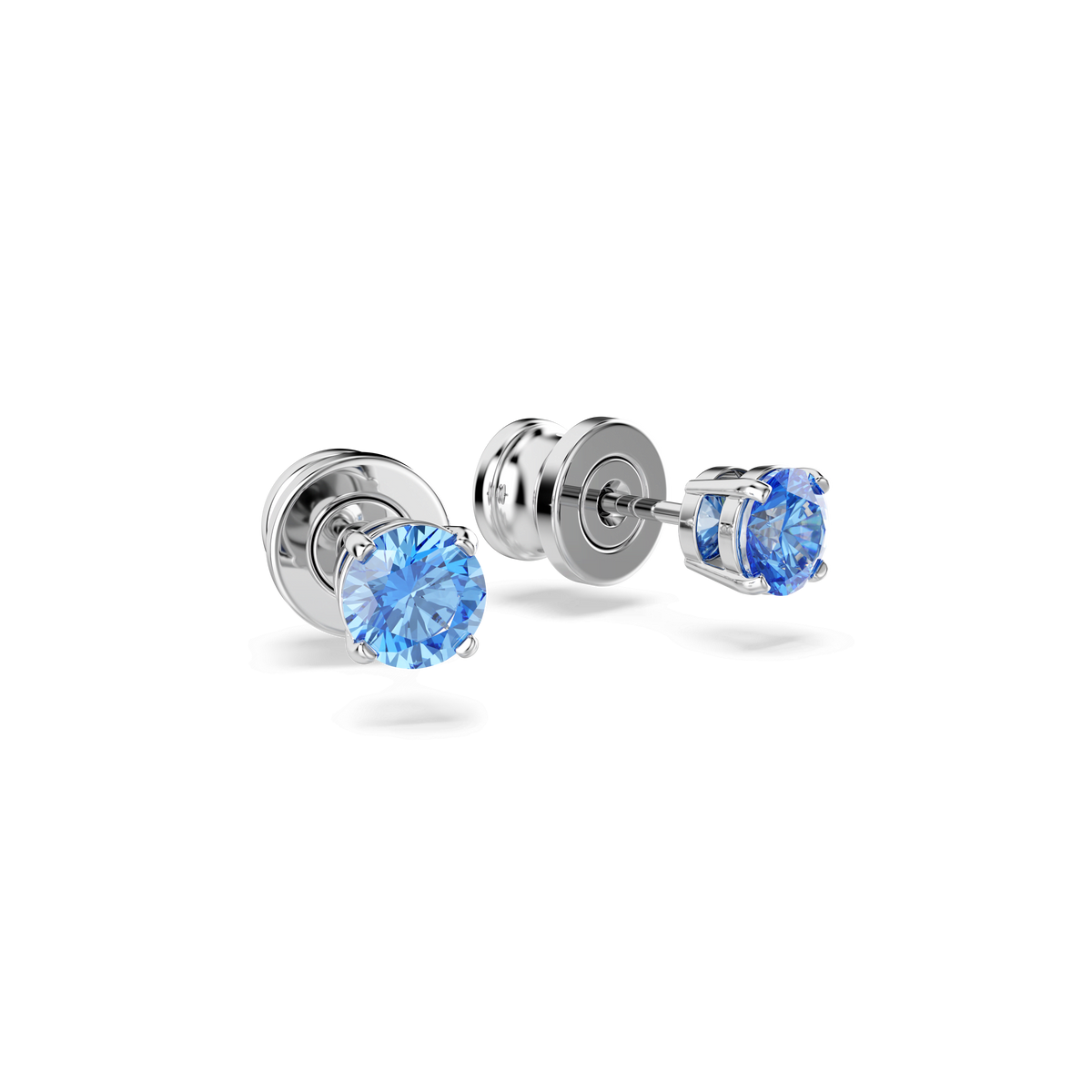 A pair of Swarovski MP Stilla PE STUD FANBL/RHS stud earrings featuring round blue gemstones and a silver-tone finish, shown against a plain white background. Available at Raffi Jewellers, your official Swarovski Canada retailer.