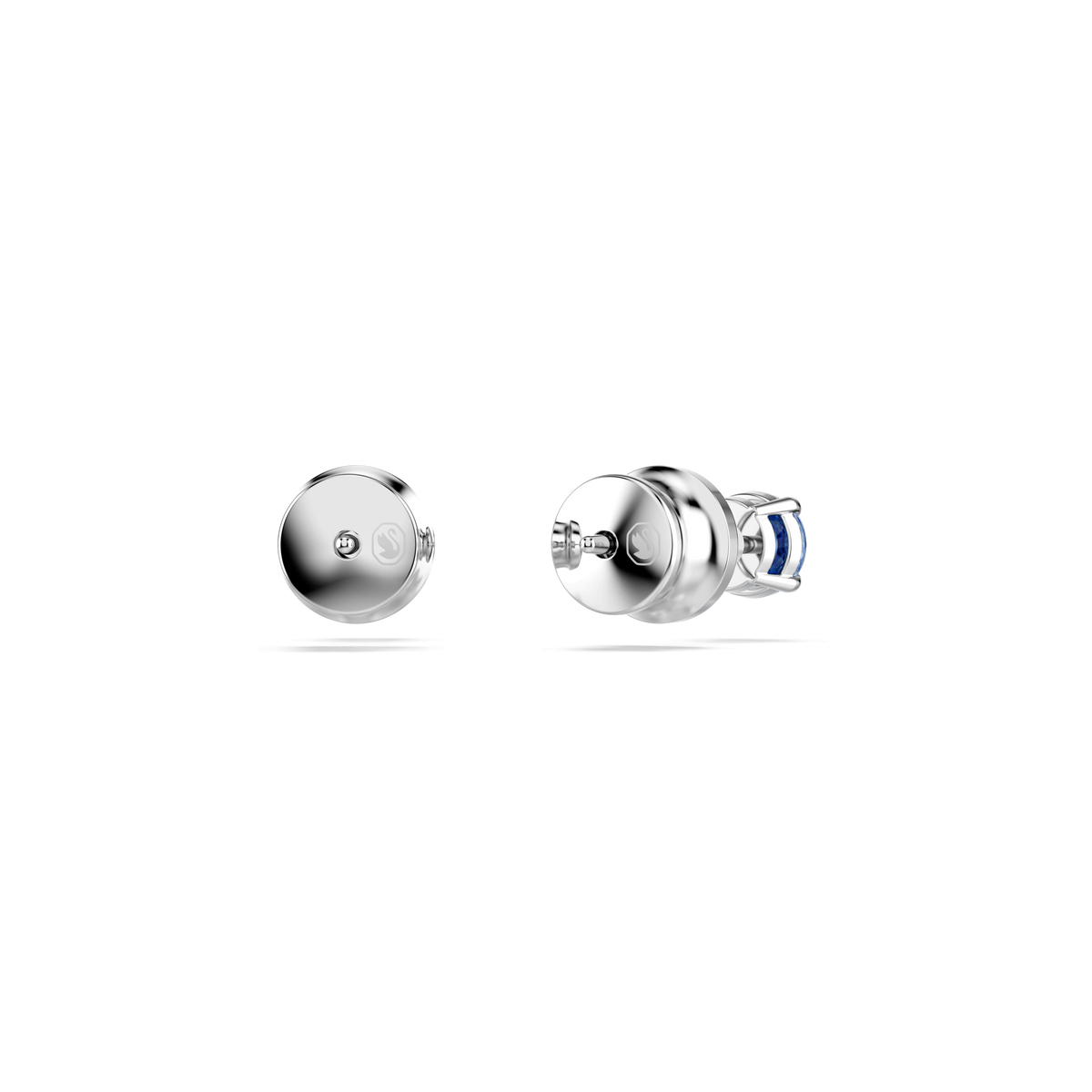 A pair of Swarovski MP Stilla Earrings: PE STUD FANBL/RHS by Swarovski, featuring a smooth polished round silver design, displayed from the front and side angles against a plain white background.