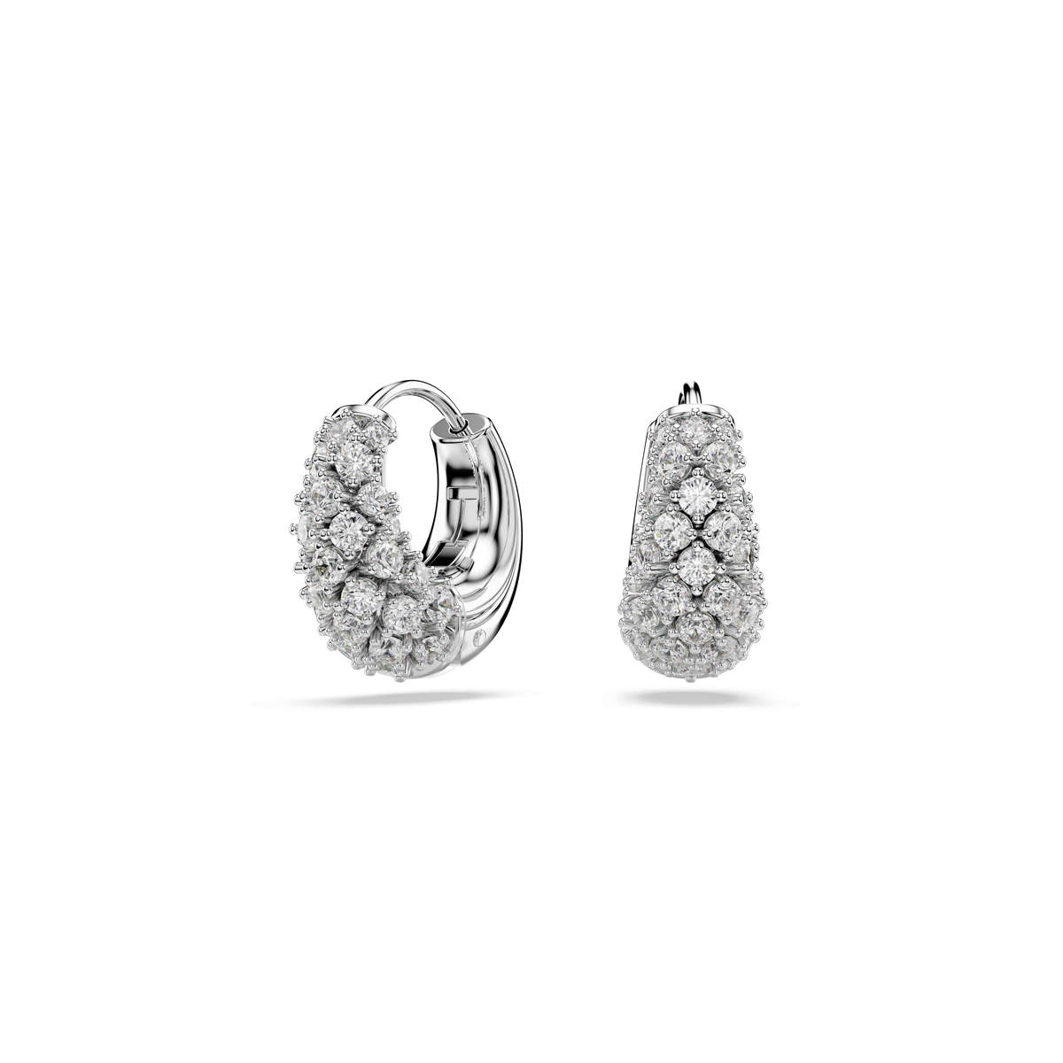 A pair of Swarovski Sublima earrings, featuring white, rhodium-plated silver hoops embellished with clustered sparkling diamonds arranged using the elegant chatonnage technique, displayed against a plain white background.