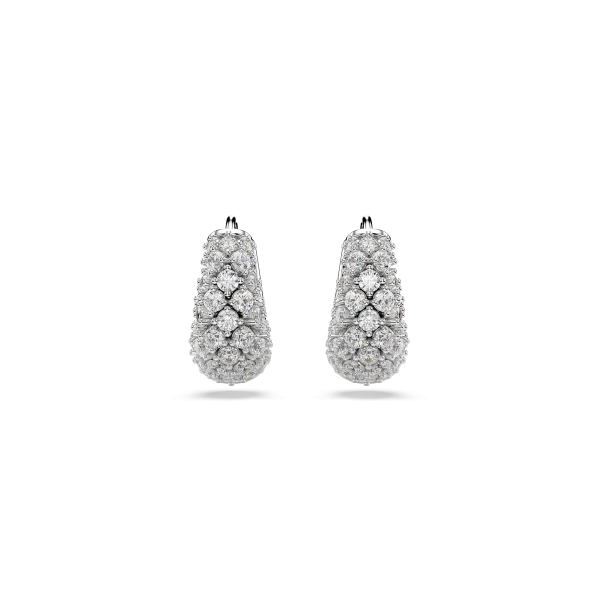A pair of Swarovski Sublima earrings in a teardrop shape, featuring intricate pavé settings and expertly crafted using the chatonnage technique, showcased against a plain white background.
