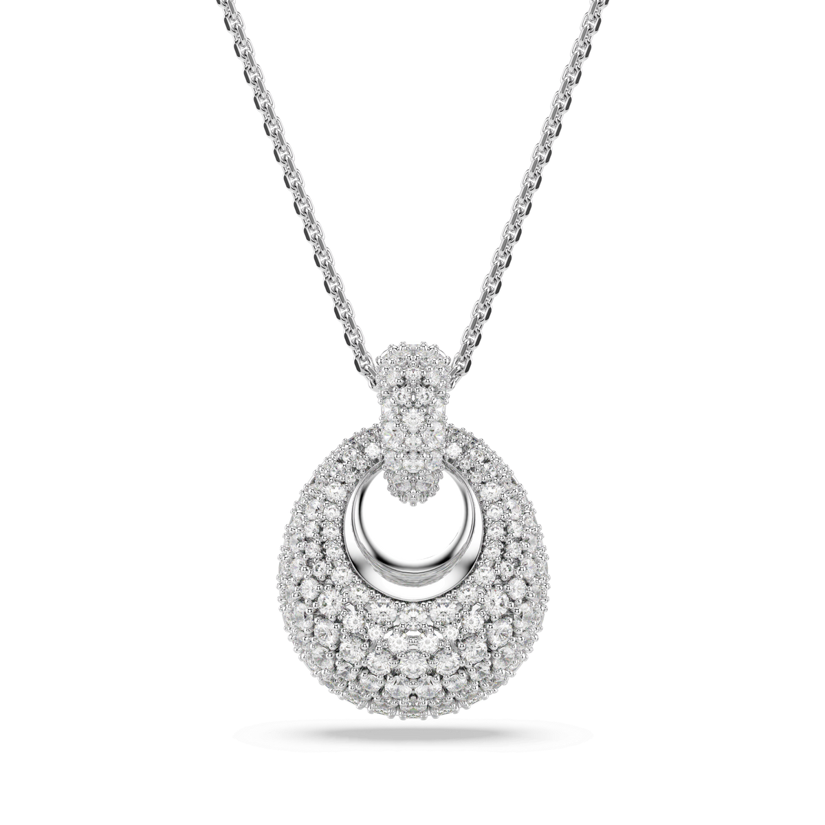 The Swarovski Sublima pendant White by Swarovski showcases a stunning arrangement of sparkling white gemstones in concentric layers, gracefully suspended from a rhodium-plated twisted chain.