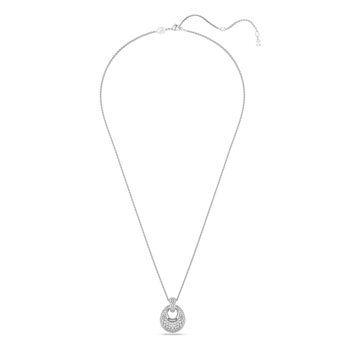 The Swarovski Sublima pendant in white features a circular, rhodium-plated design adorned with multiple rows of sparkling stones, elegantly displayed on a white background—a timeless piece from Swarovski crafted to elevate any ensemble.