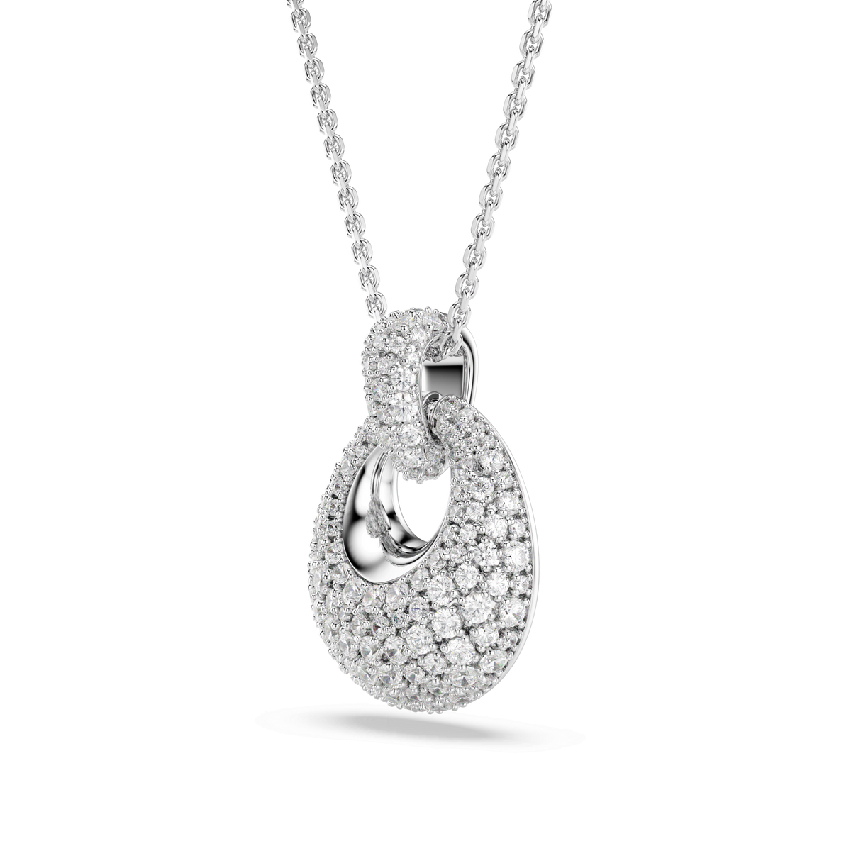 The Swarovski Sublima pendant White features a teardrop-shaped, rhodium plated pendant encrusted with sparkling crystals on a delicate chain, showcased against a plain white background—an ideal choice for those who appreciate timeless elegance and the signature brilliance of Swarovski craftsmanship.