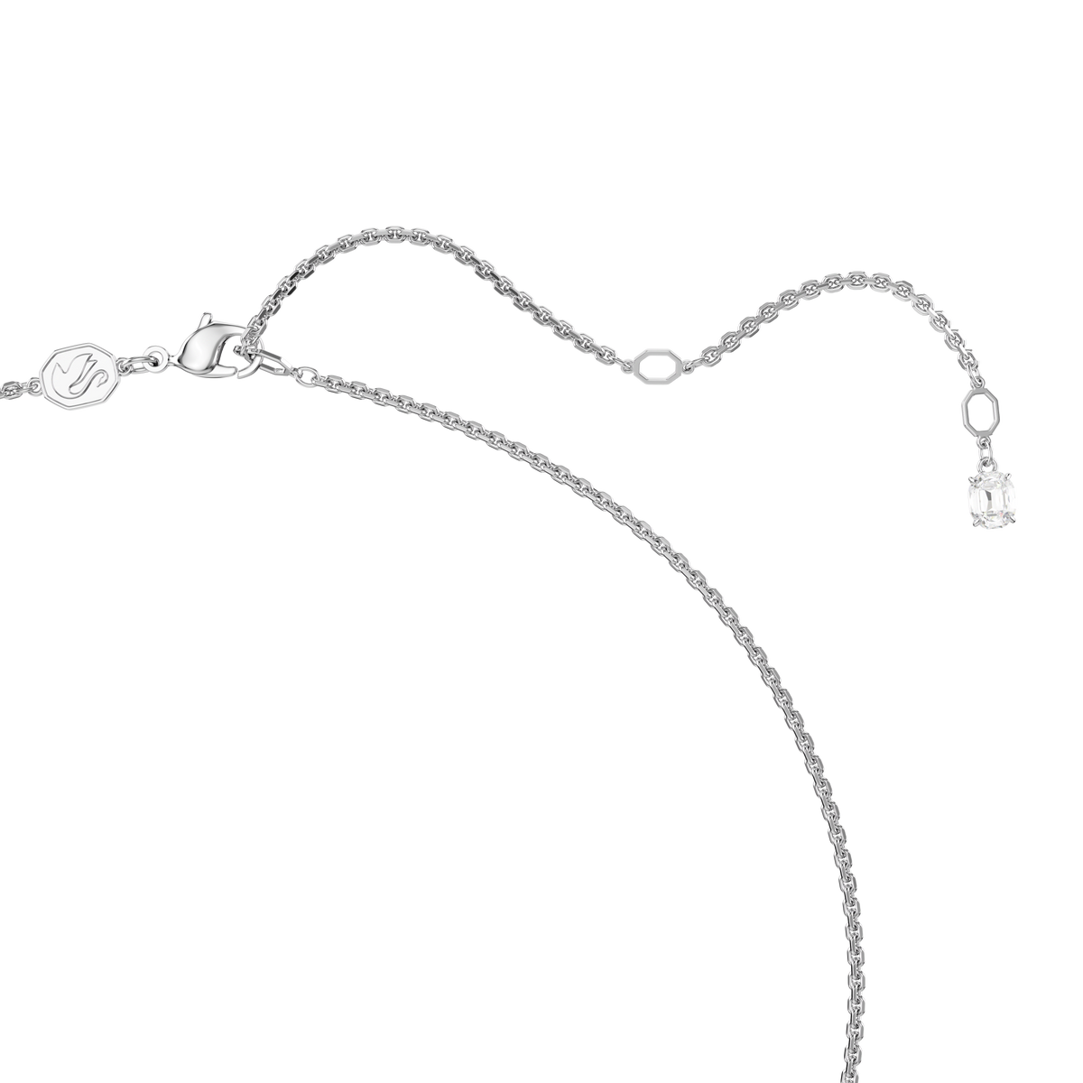 A delicate Swarovski Sublima pendant necklace, crafted from rhodium-plated silver with an adjustable clasp and a small rectangular white Swarovski pendant hanging from the end of the extender, is displayed on a white background.