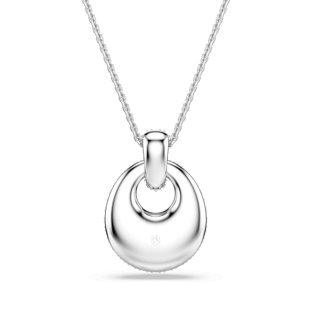 Swarovski Sublima pendant in white, crafted with a circular, polished centerpiece featuring a smaller ring at the top and suspended from a delicate rhodium-plated chain, displayed against a plain white background.