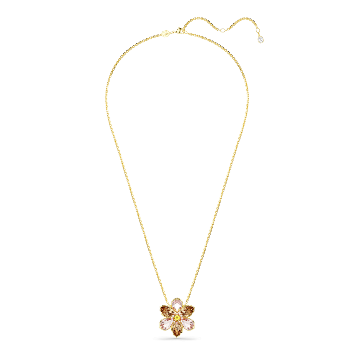 Swarovski Idyllia Pendant Brooch MUL/GOS by Swarovski—a striking gold necklace showcasing a chain and flower-shaped pendant adorned with pink and clear gemstones, elegantly displayed on a plain white background. A radiant addition to your jewellery collection from Raffi Jewellers.