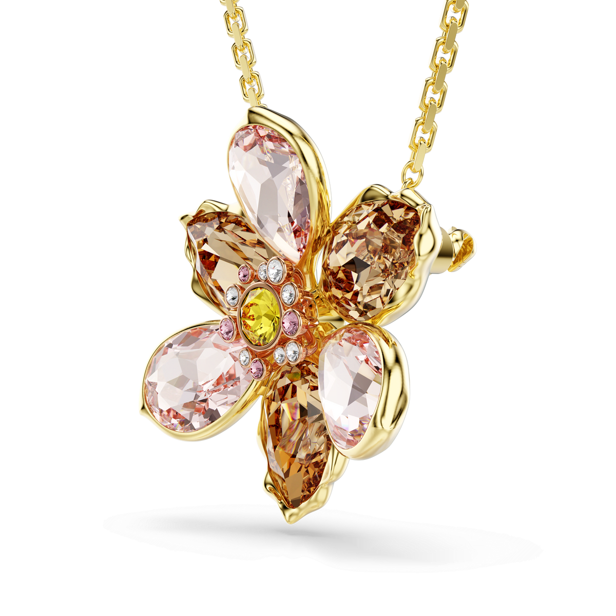 Discover the Swarovski Idyllia Pendant Brooch MUL/GOS, a stunning gold flower-shaped piece by Swarovski featuring five crystal petals in pink and amber tones, a yellow crystal centerpiece, and delicate accents of clear and pink stones. Elegantly set on a gold chain, this exquisite pendant is available at Raffi Jewellers—your trusted destination for Swarovski Canada collections.