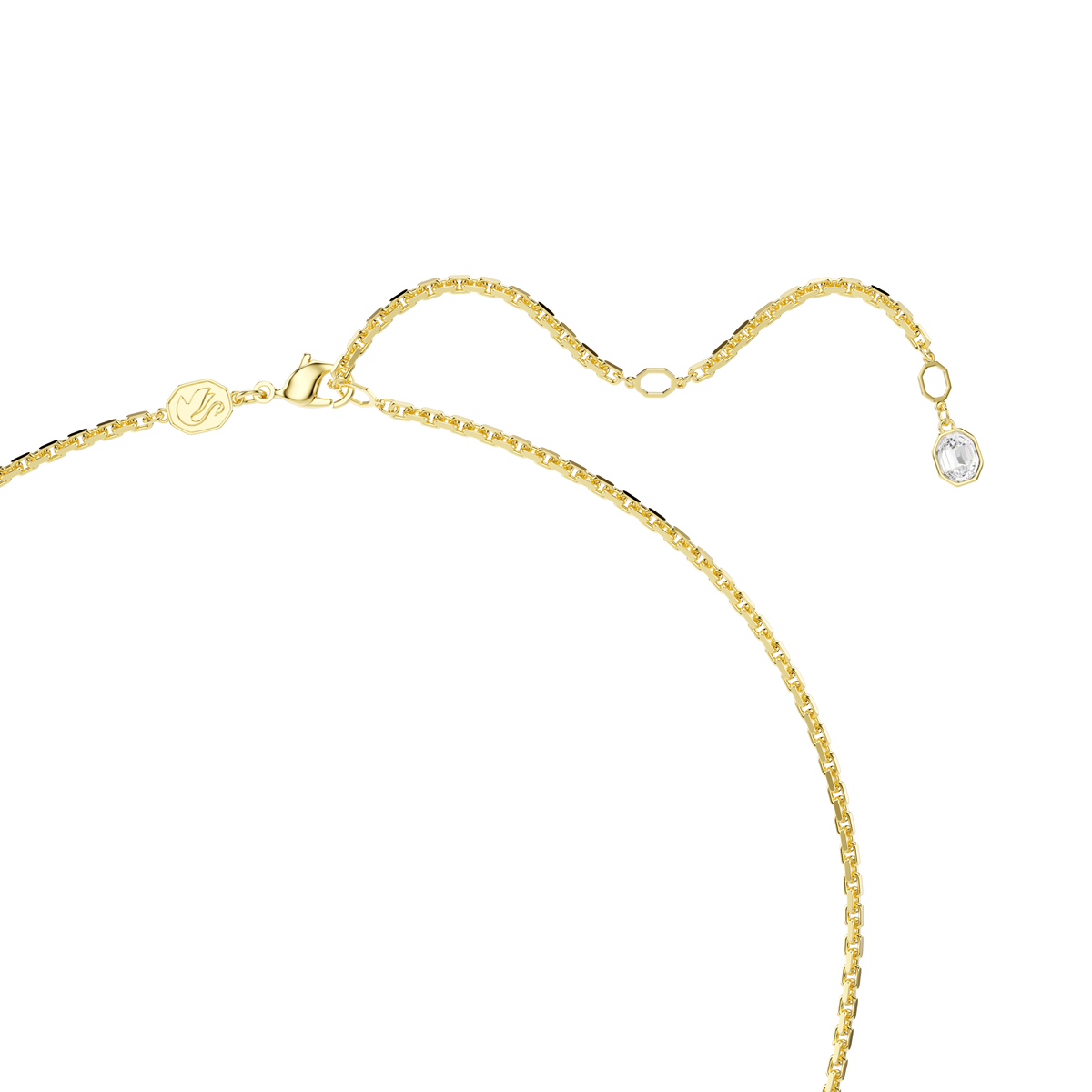 A delicate gold chain necklace with a small round charm at the end of the adjustable extender, displayed on a white background—this elegant accessory pairs perfectly with the Swarovski Idyllia Pendant Brooch MUL/GOS by Swarovski, available at Raffi Jewellers.