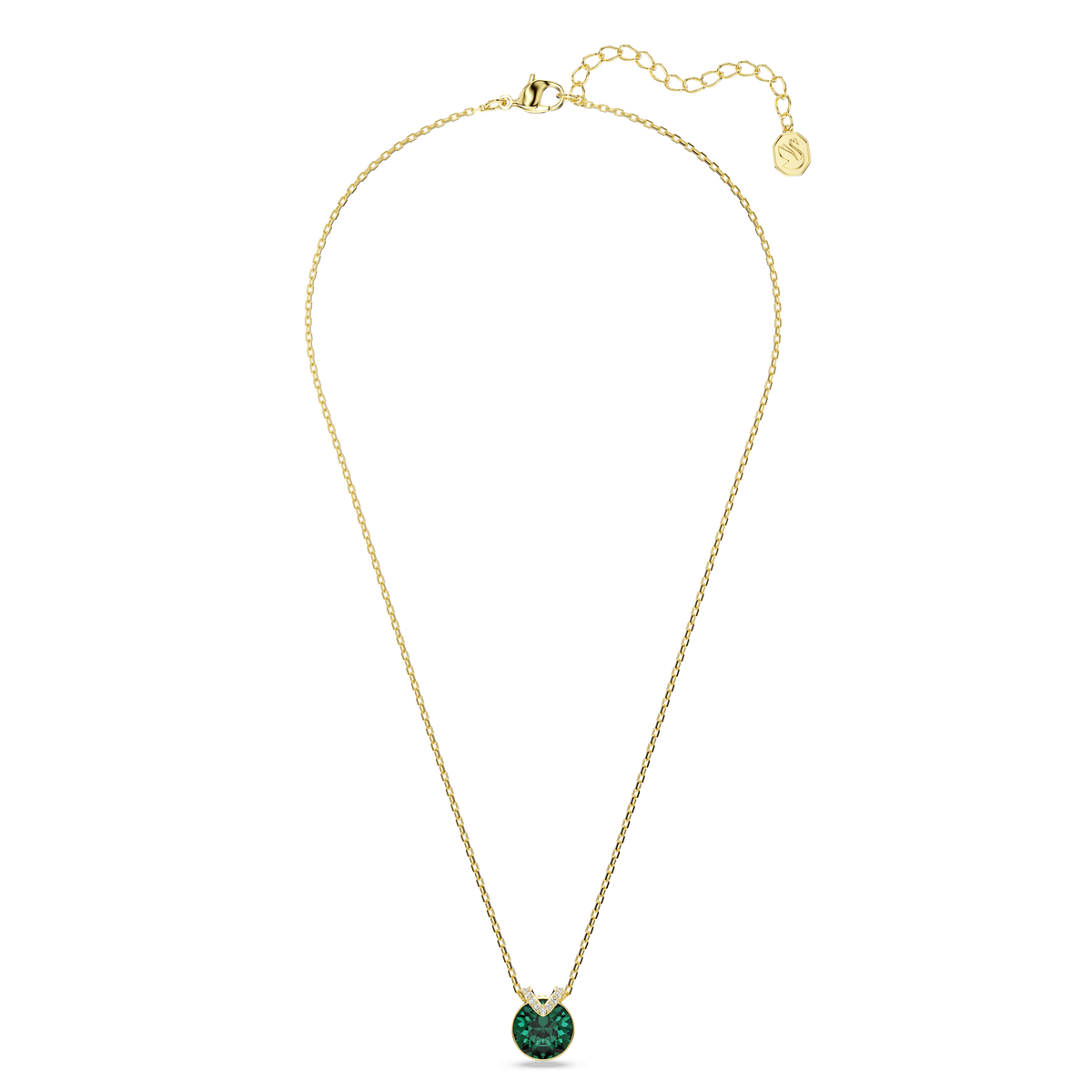 Swarovski Bella V pendant, featuring a round cut green stone and gold-tone plated chain with an adjustable clasp, displayed on a plain white background.