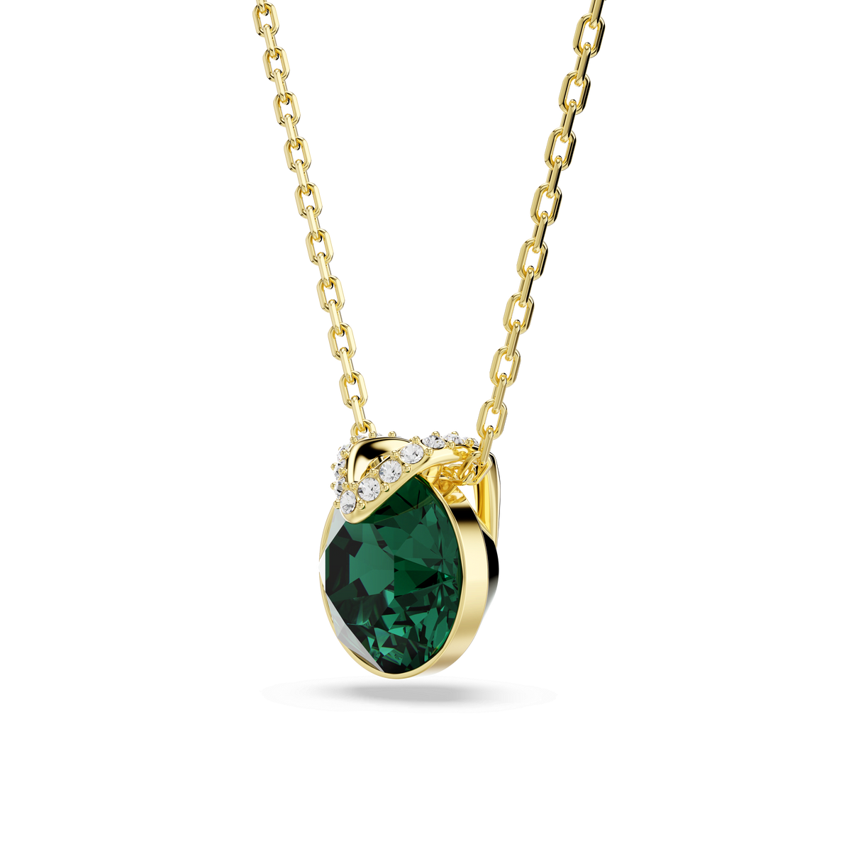 Gold-tone plated necklace featuring the Swarovski Bella V pendant in a round-cut green stone, accented by a delicate cluster of clear stones on one side. Set against a plain white background, this design captures the refined elegance characteristic of Swarovski Canada.