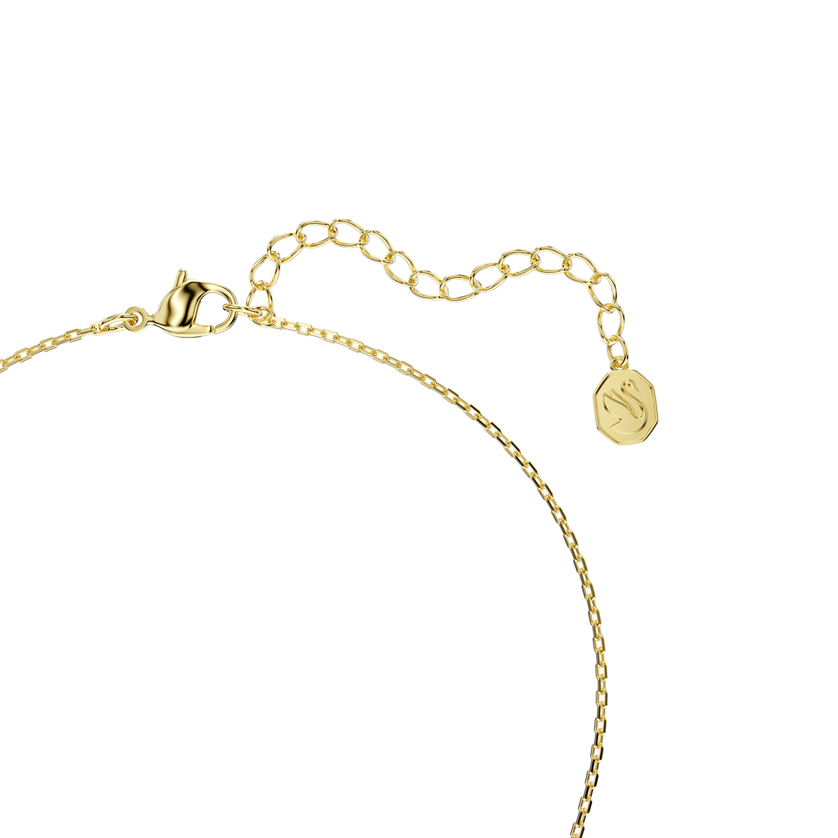Swarovski Bella V pendant necklace in gold-tone plating features a green round-cut Swarovski crystal and a small hexagonal charm at the end of its adjustable chain, secured with a lobster clasp and displayed against a plain white background.