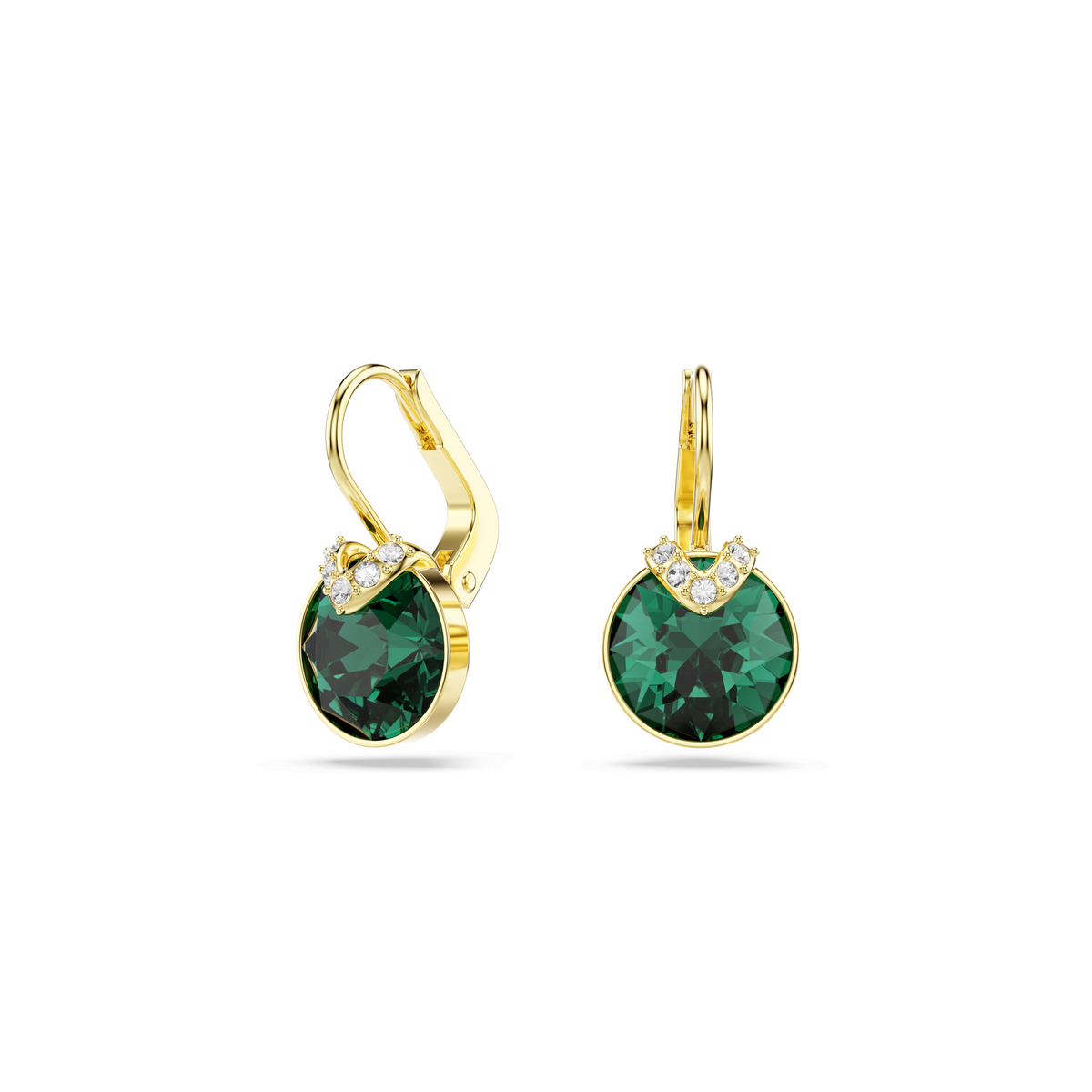 Swarovski Bella Earrings PE DROP EMER/GOS by Swarovski, featuring round green gemstones set in gold and accented with small white stones at the top, are showcased against a plain white background—a stunning style that echoes the elegance of the Swarovski earrings collection available in Swarovski Canada.